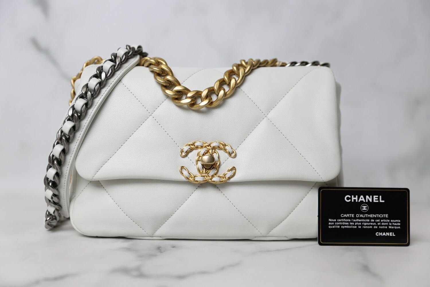 Chanel 19 Classic Small, White Goatskin, New in Box - Julia Rose Boston