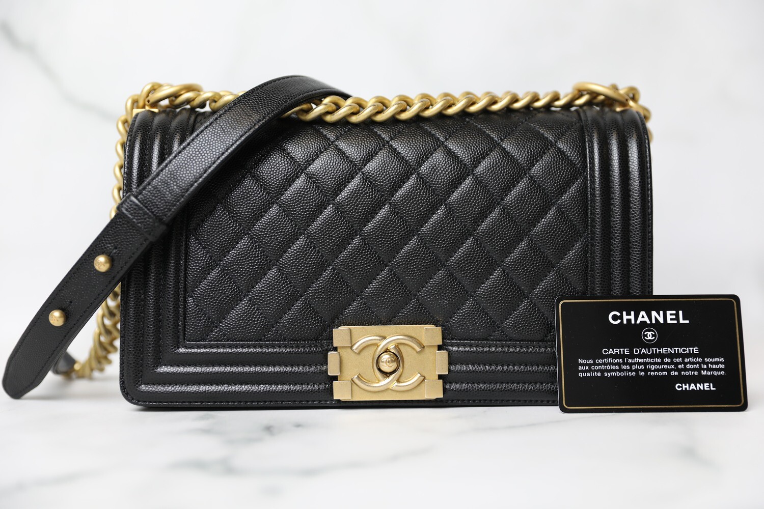 Chanel Boy Old Medium, Black Caviar with Gold Hardware, Preowned in Box WA001
