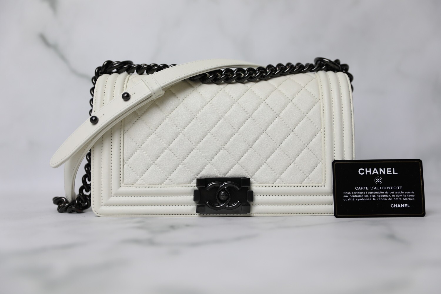 Chanel Boy Old Medium, White with Black Hardware, Preowned in Box WA001