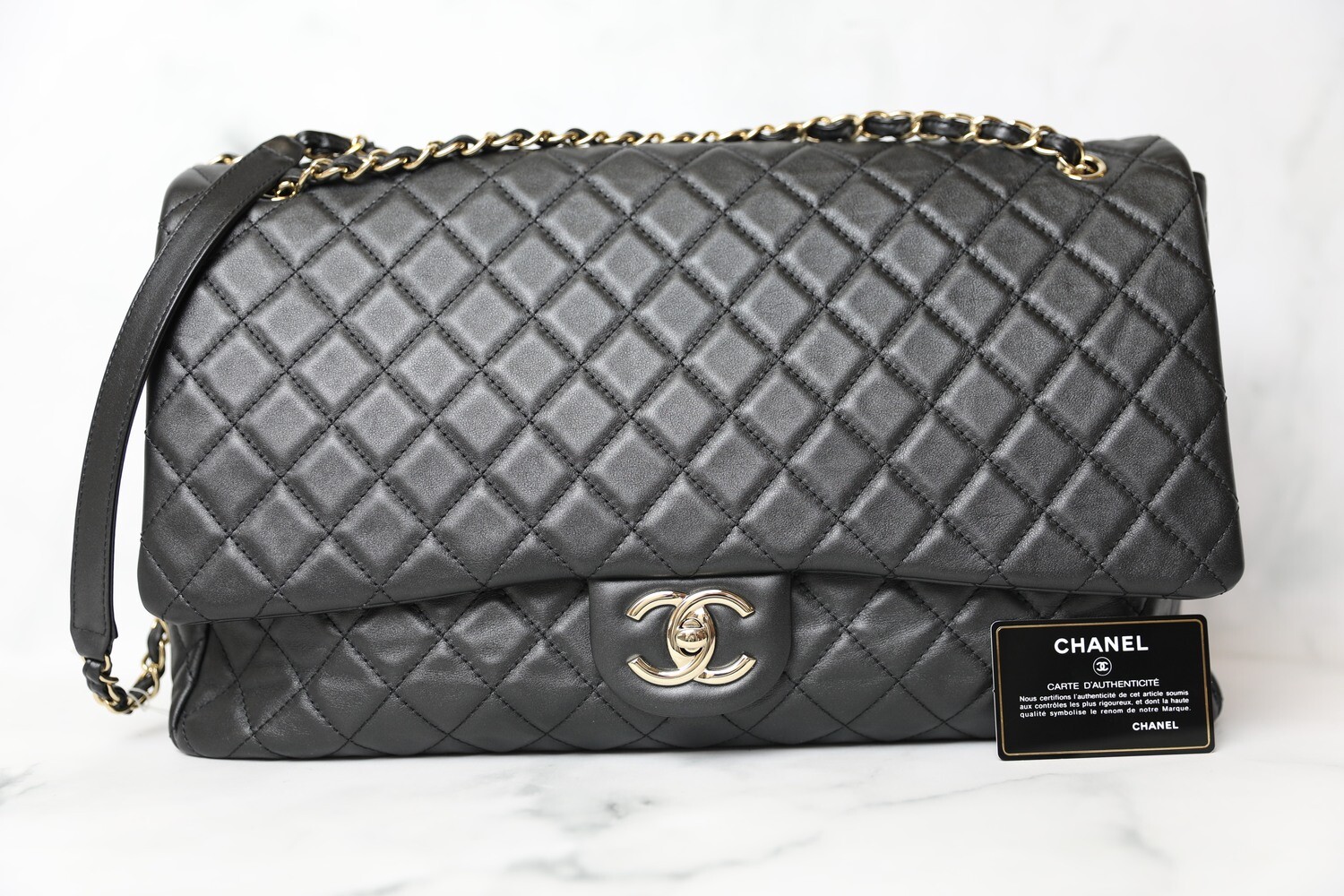 Chanel XXL Airline Flap, Charcoal Iridescent Calfskin with Gold Hardware,  New in Dustbag WA001