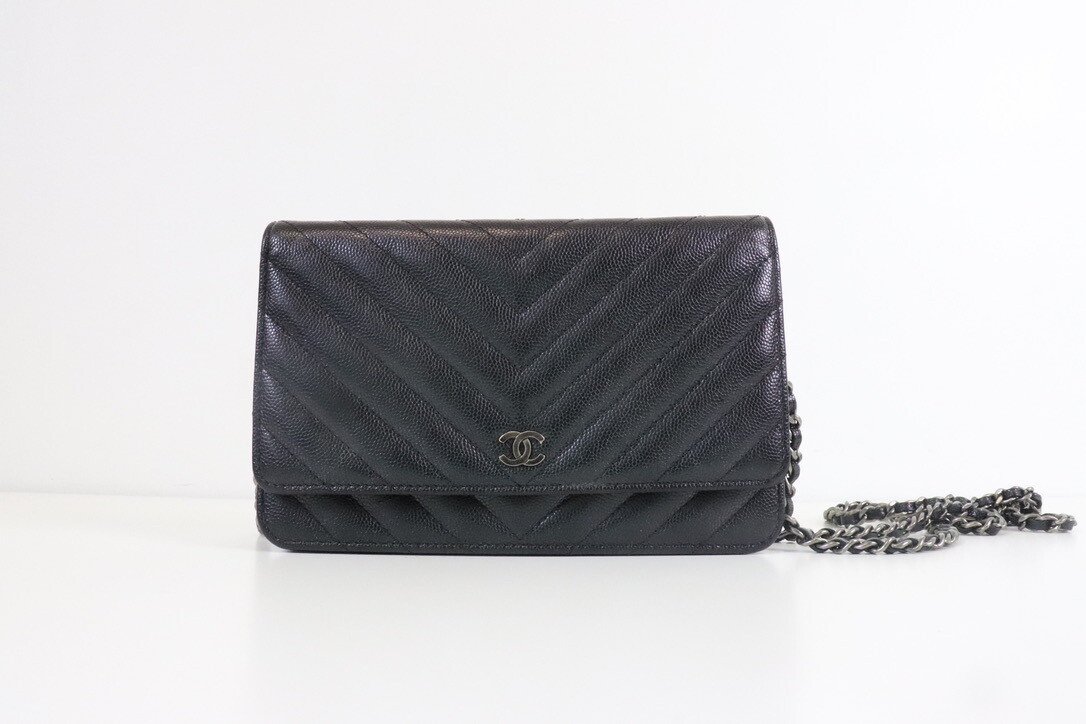 Chanel Wallet on Chain, 17B Black Chevron Caviar Leather, Ruthenium Hardware, Preowned in Box