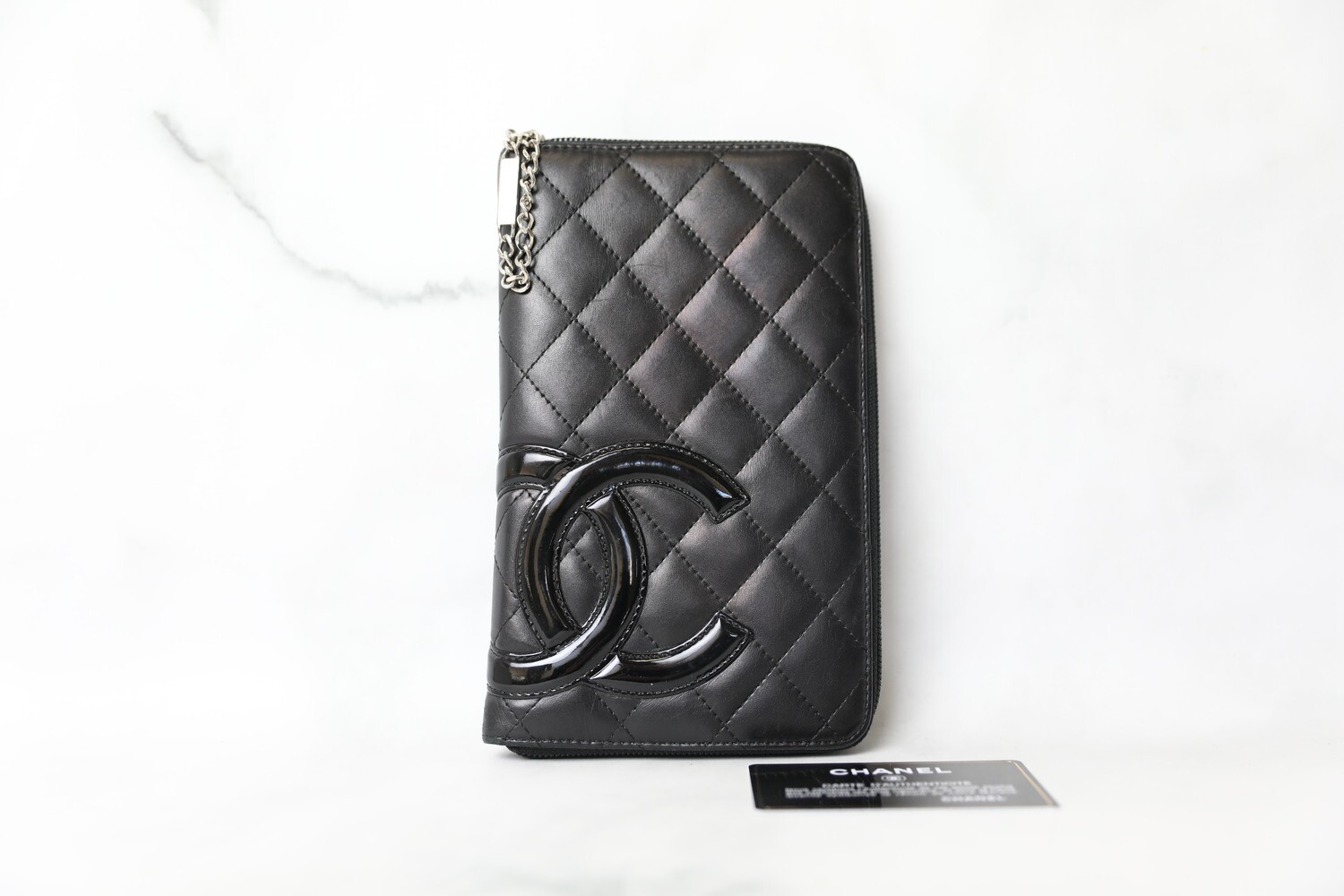 Chanel Cambon Zip Around Wallet, Black Lambskin with Silver Hardware, Preowned in Box WA001