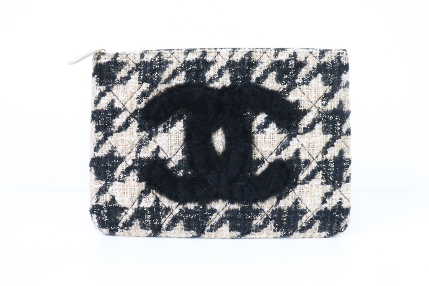 Chanel 19 Houndstooth O Case, Beige and Black Medium, Preowned in Box