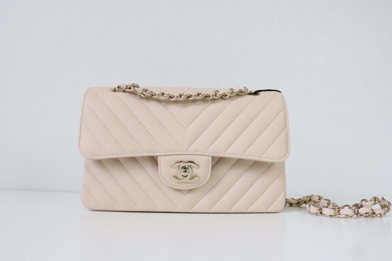 Chanel Classic Small Double Flap Beige Caviar Leather Chevron, Gold Hardware, New in Dustbag