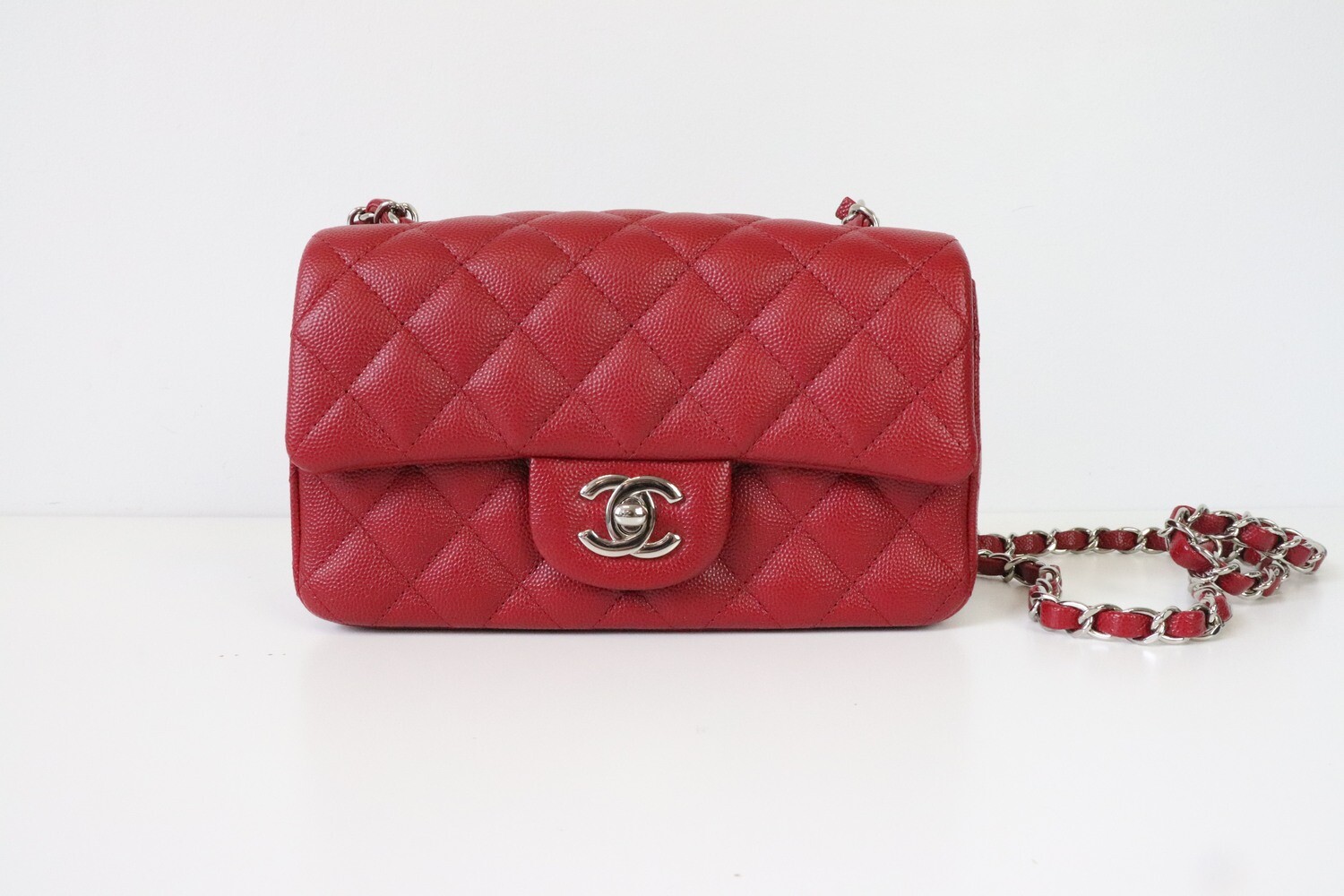 Chanel Mini Rectangle 17B Red Caviar Leather, Silver Hardware, Preowned in  Box