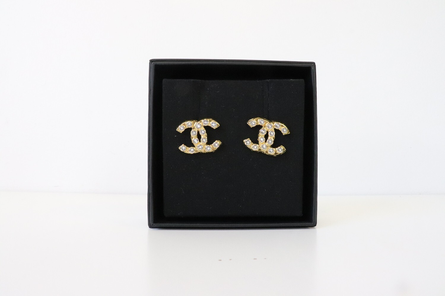 Chanel Earrings Gold CC Statement With Raised Crystal, New in Box