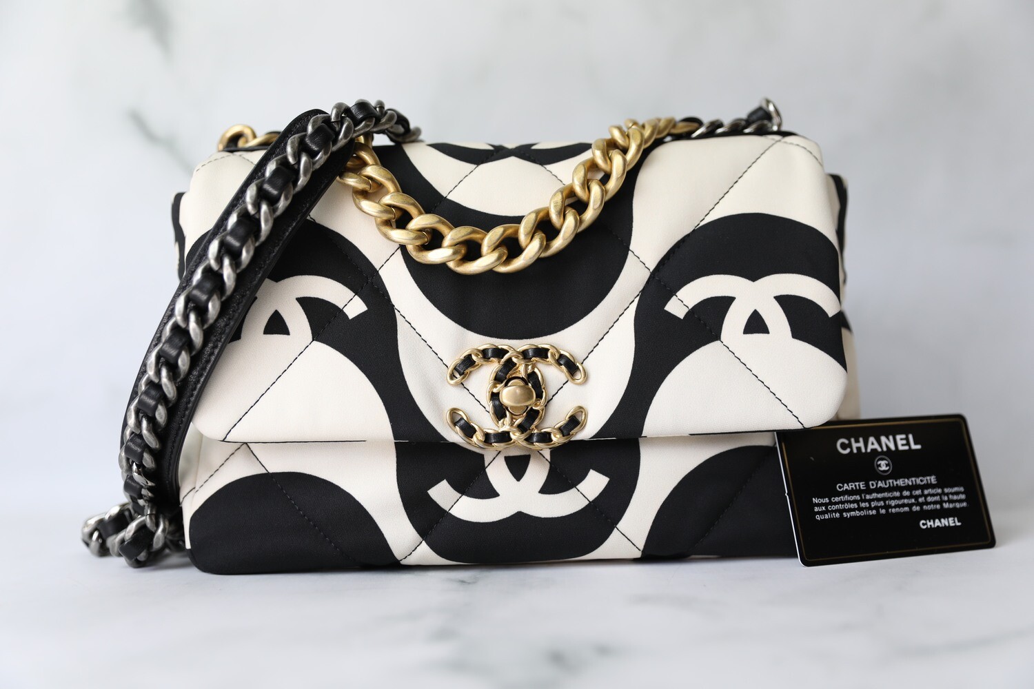 Chanel 19 Classic, Black and White Fabric, Preowned in Box WA001