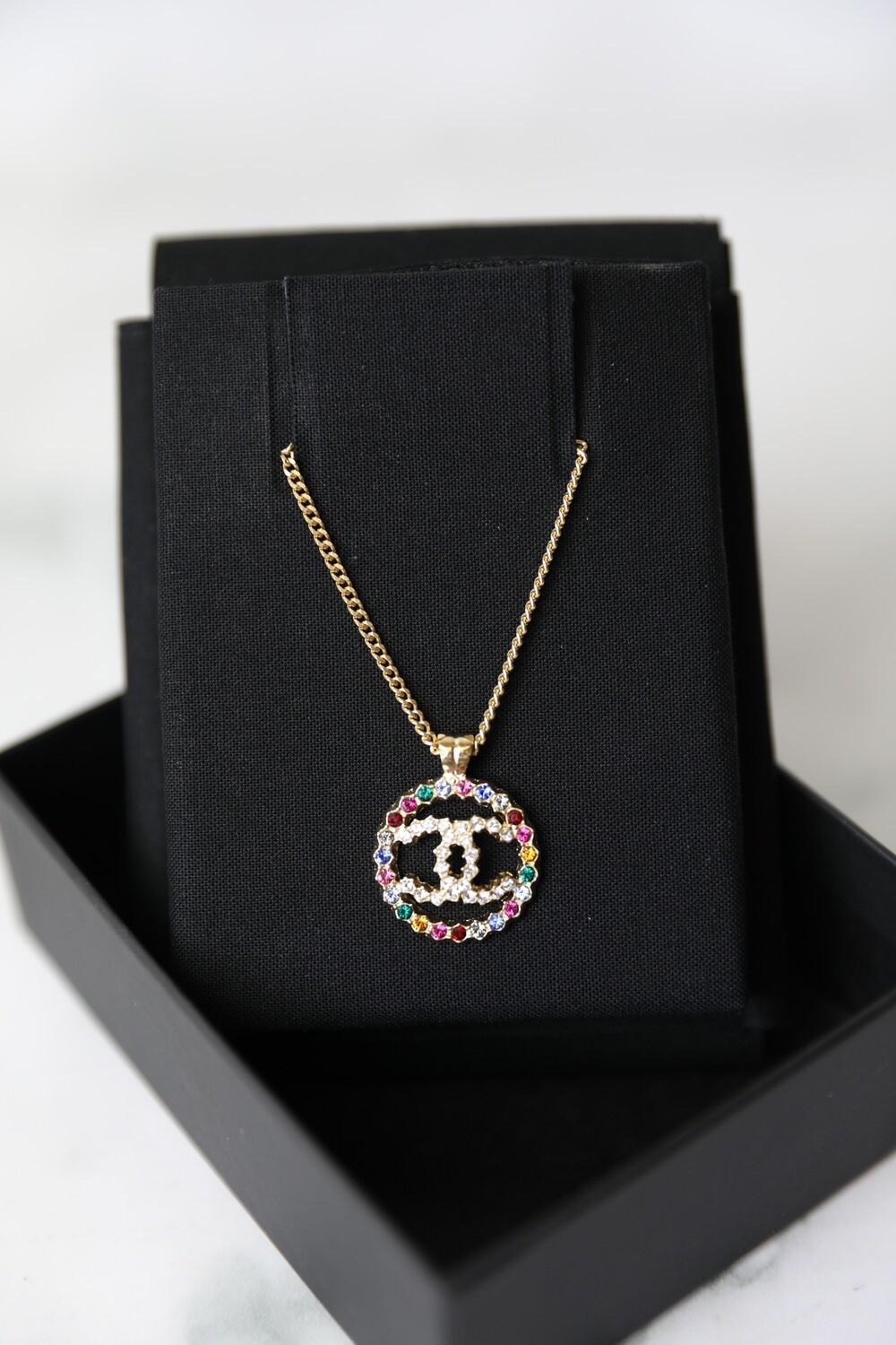Chanel CC Round Pendant Necklace, Rainbow Crystal, New in Box WA001