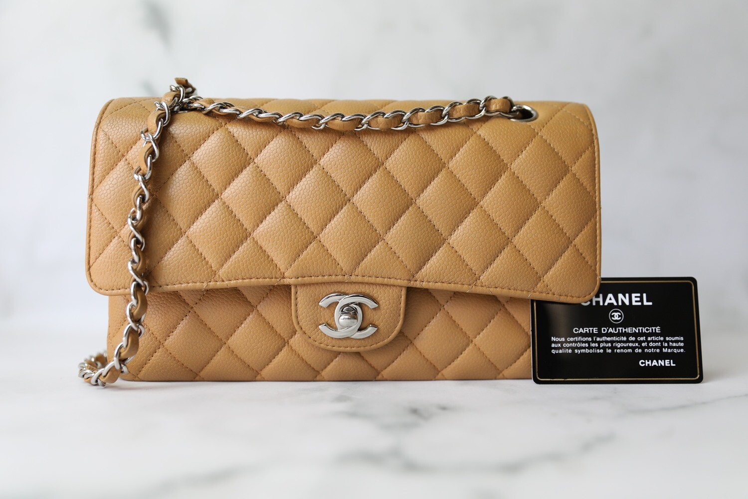 Chanel Classic Medium, Dark Beige Caviar with Silver Hardware, Preowned in Dustbag WA001