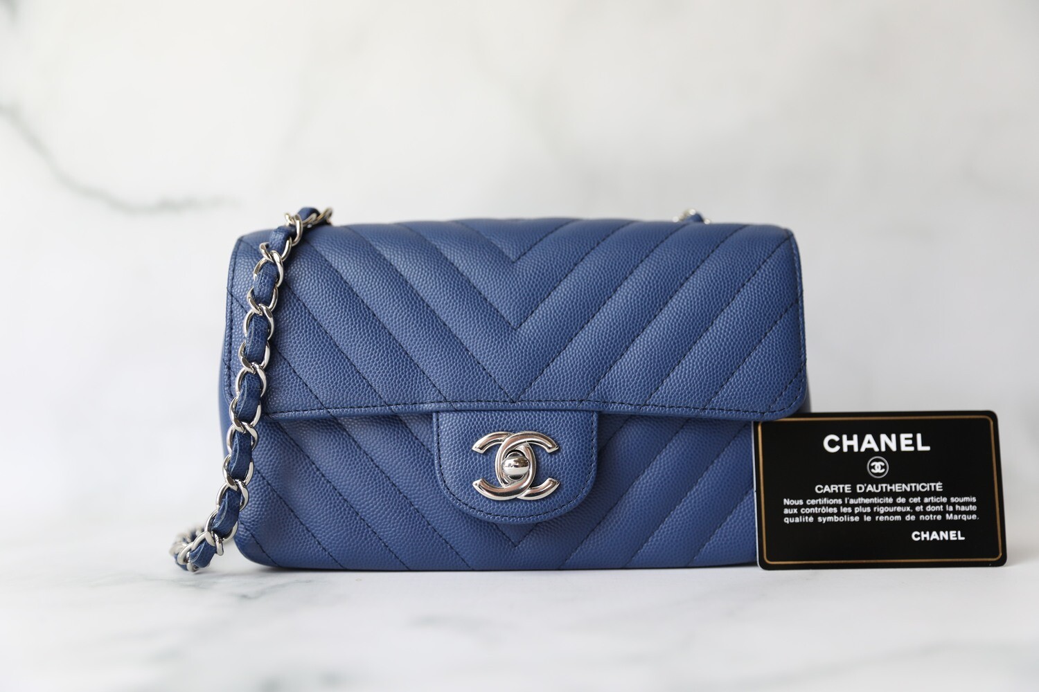 Chanel Classic Mini Rectangular, Blue Caviar with Silver Hardware, As New in Box WA001
