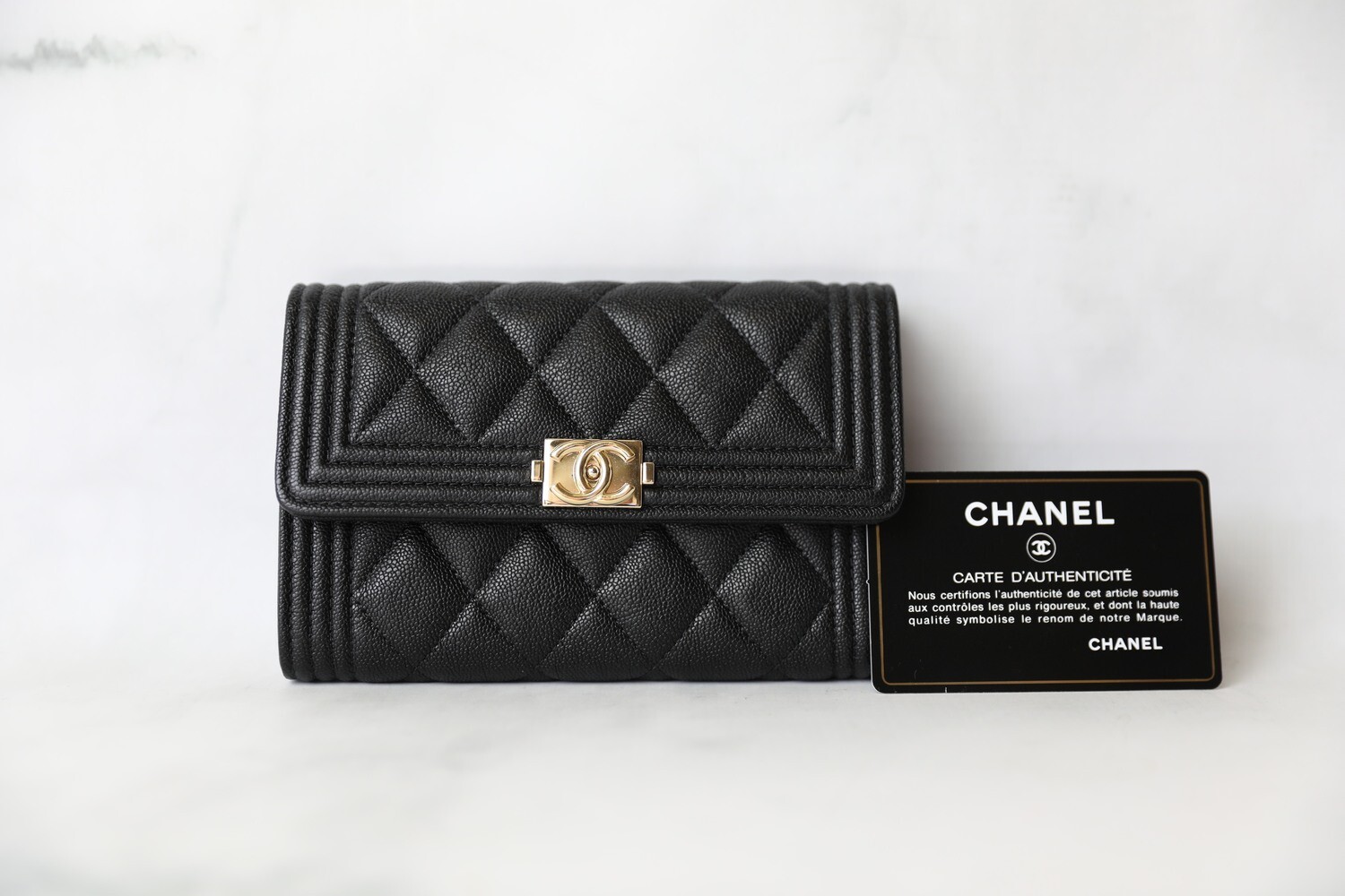 Chanel Boy Snap Wallet, Black Caviar with Gold Hardware, Preowned in Box  WA001
