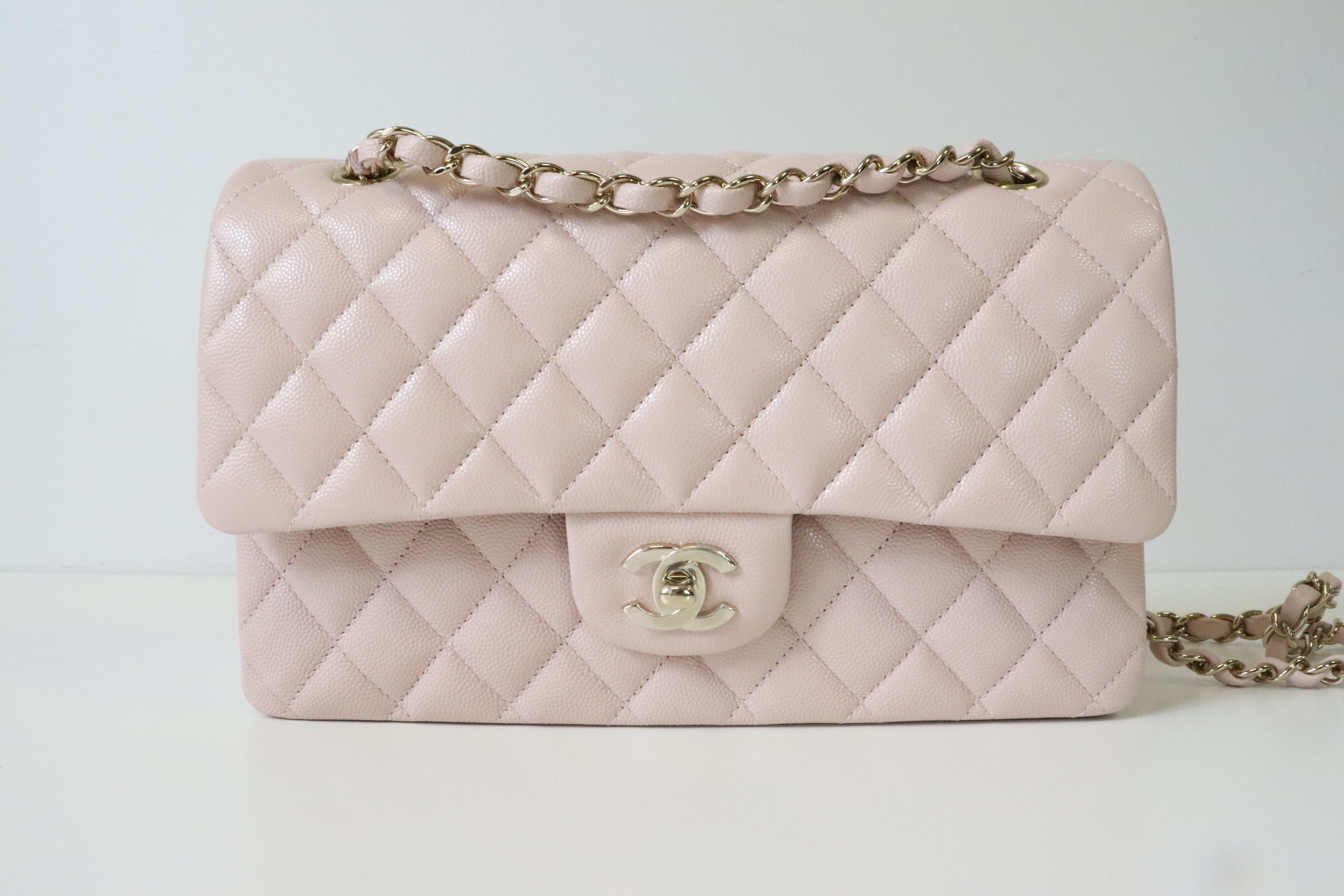 Chanel Classic Medium Double Flap 21C Rose Claire Caviar Leather, Shiny Gold  Hardware, As New in Box - Julia Rose Boston