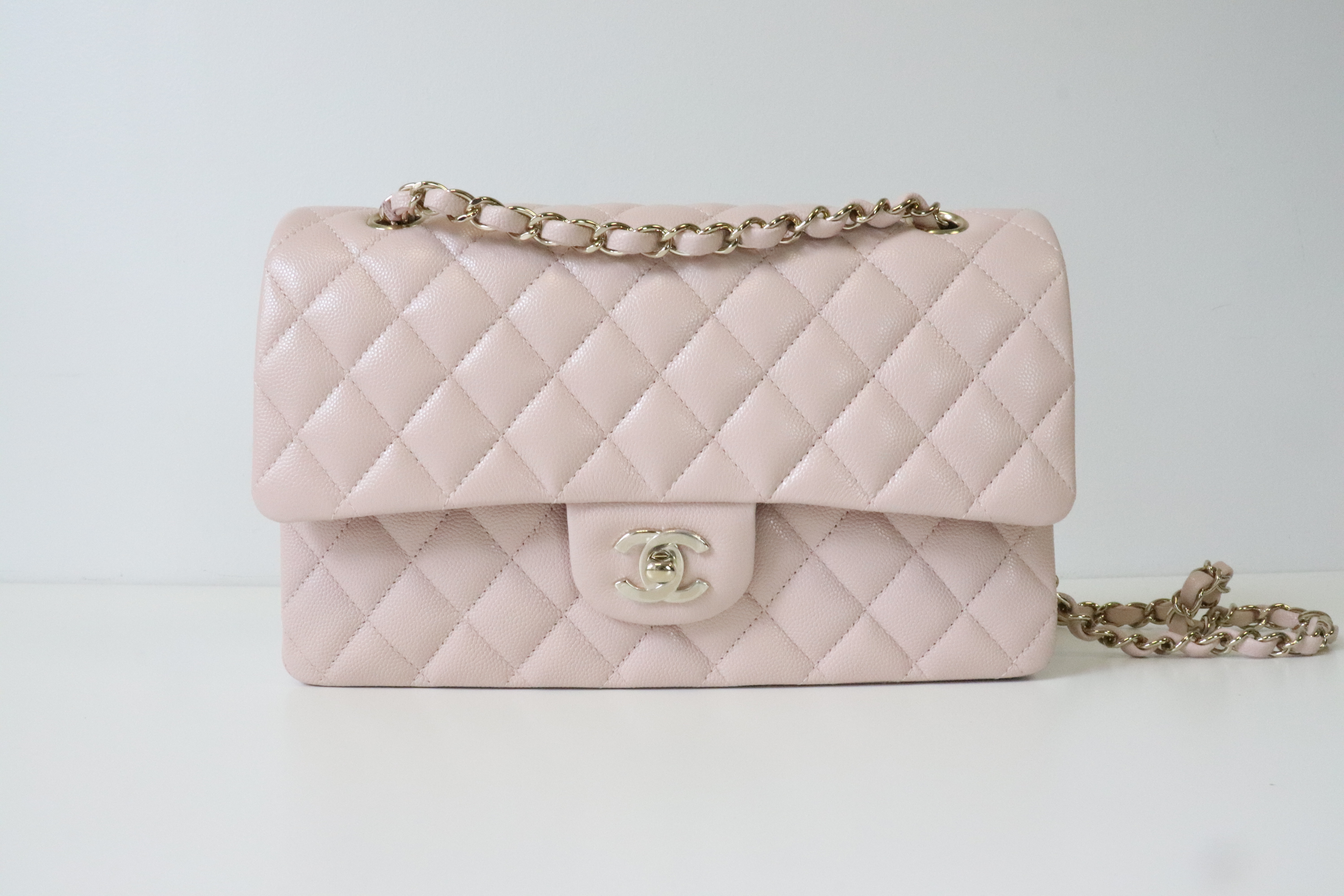 Chanel Classic Medium Double Flap 21C Rose Claire Caviar Leather, Shiny  Gold Hardware, As New in Box