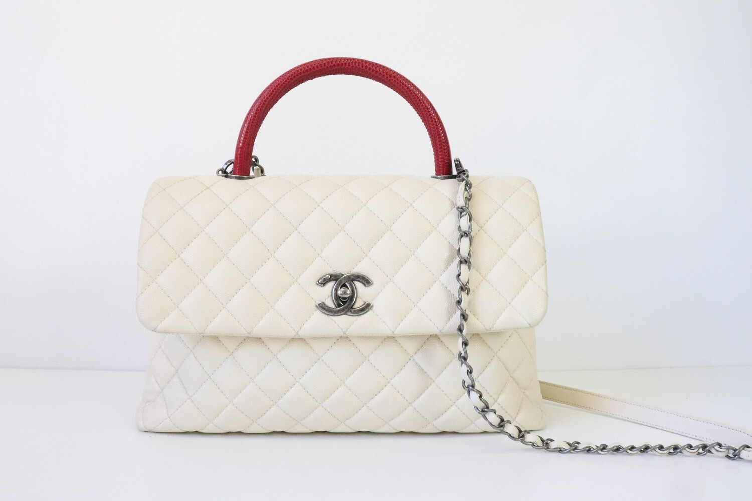Chanel Coco Large, Ivory Caviar Leather, Exotic Handle, Preowned in Dustbag