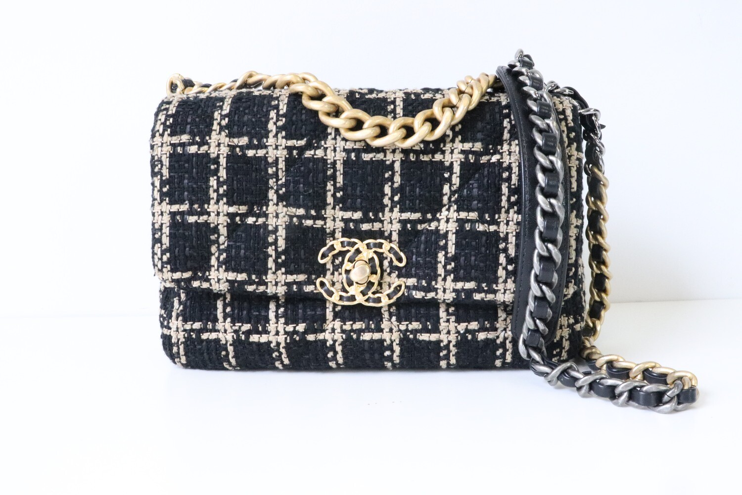 Chanel 19 Small in Beige & Black Tweed, Luxury, Bags & Wallets on Carousell