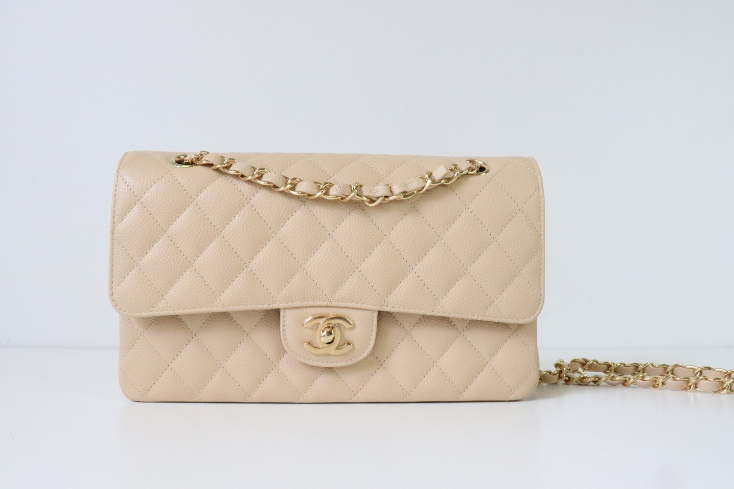 Chanel Classic Medium Double Flap Beige Caviar Leather, Gold Hardware, New in Box