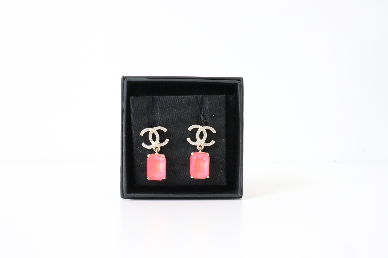 Chanel Earrings Pink Square Stone, Gold Crystal CC, New in Box