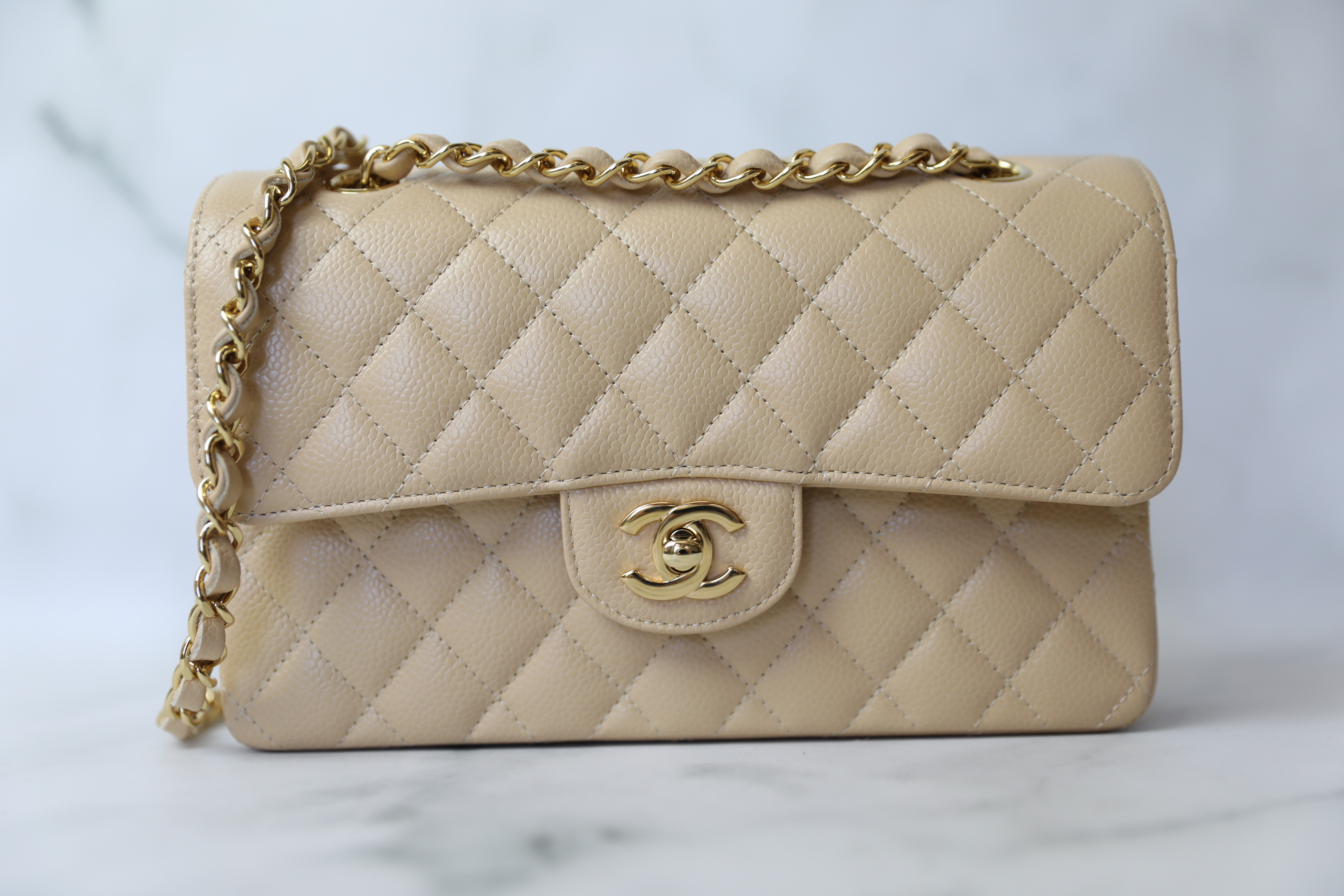 Chanel Classic Small, Beige Caviar with Gold Hardware, As New in Box WA001