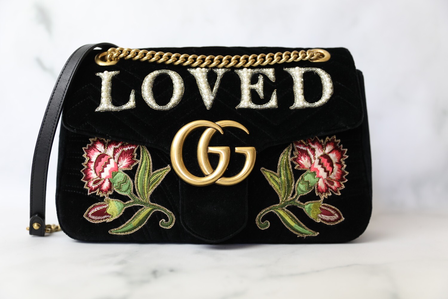 Gucci Marmont Medium, Black Velvet with Pearl and Embroidery, Preowned in Box WA001