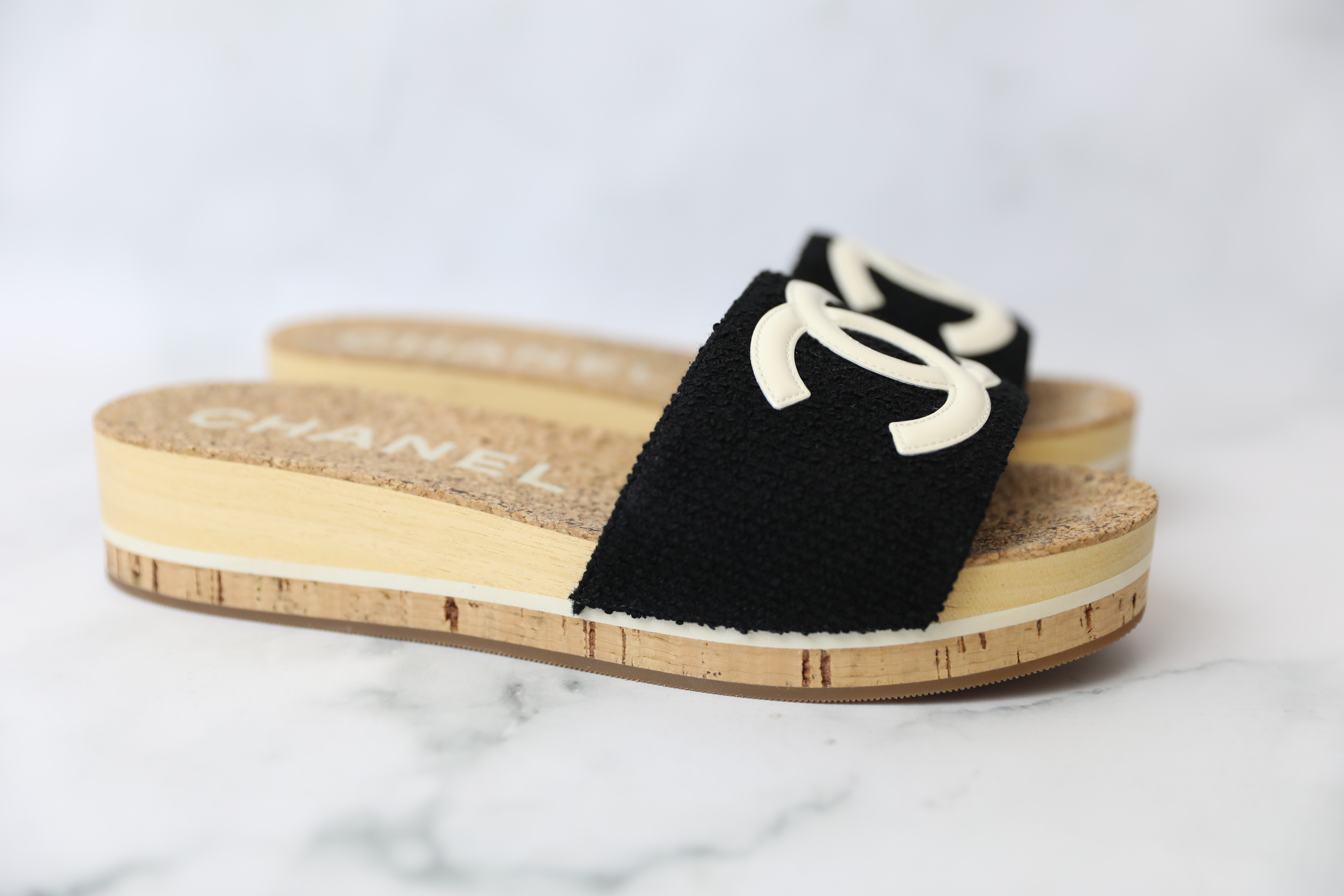 💯% Authentic Chanel Cork Mule Sandal Suede Leather Beige CC Black Spring  Summer Size 38