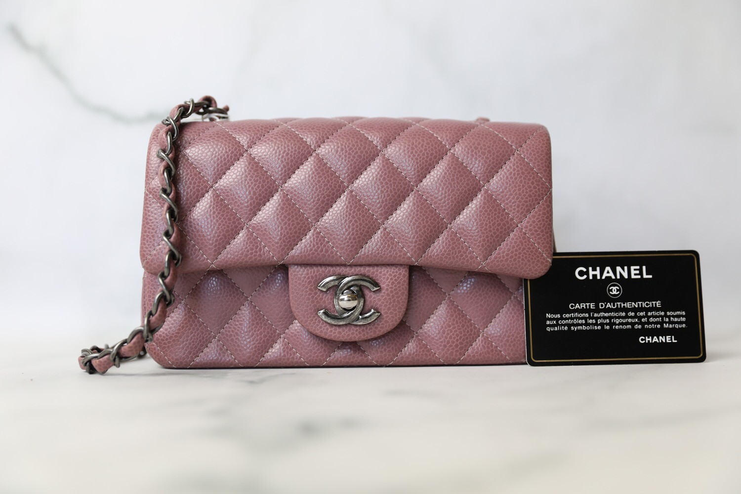 Chanel Classic Mini Rectangular, Mauve Pink Caviar with Ruthenium