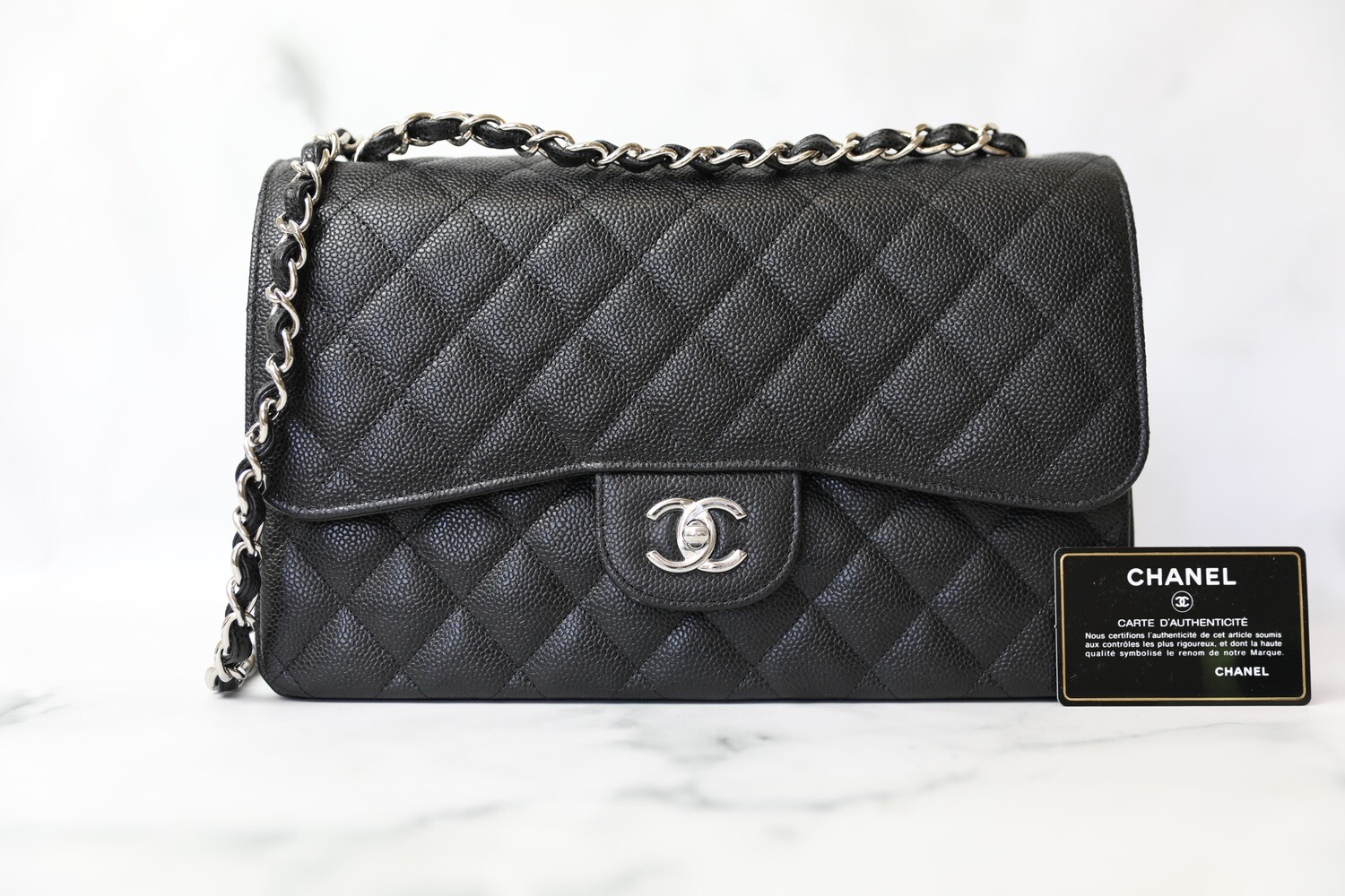 Chanel Classic Jumbo, Black Caviar with Silver Hardware, Preowned in Dustbag WA001
