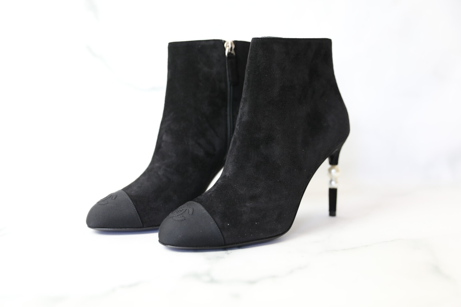 Chanel Boots with Pearl Heel, Black Suede, Size 38, New in Box WA001