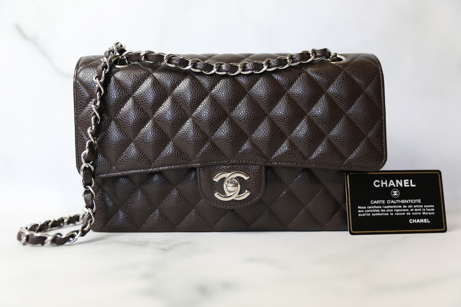 Chanel Classic Medium, Brown Caviar with Silver Hardware, Preowned in Box WA001