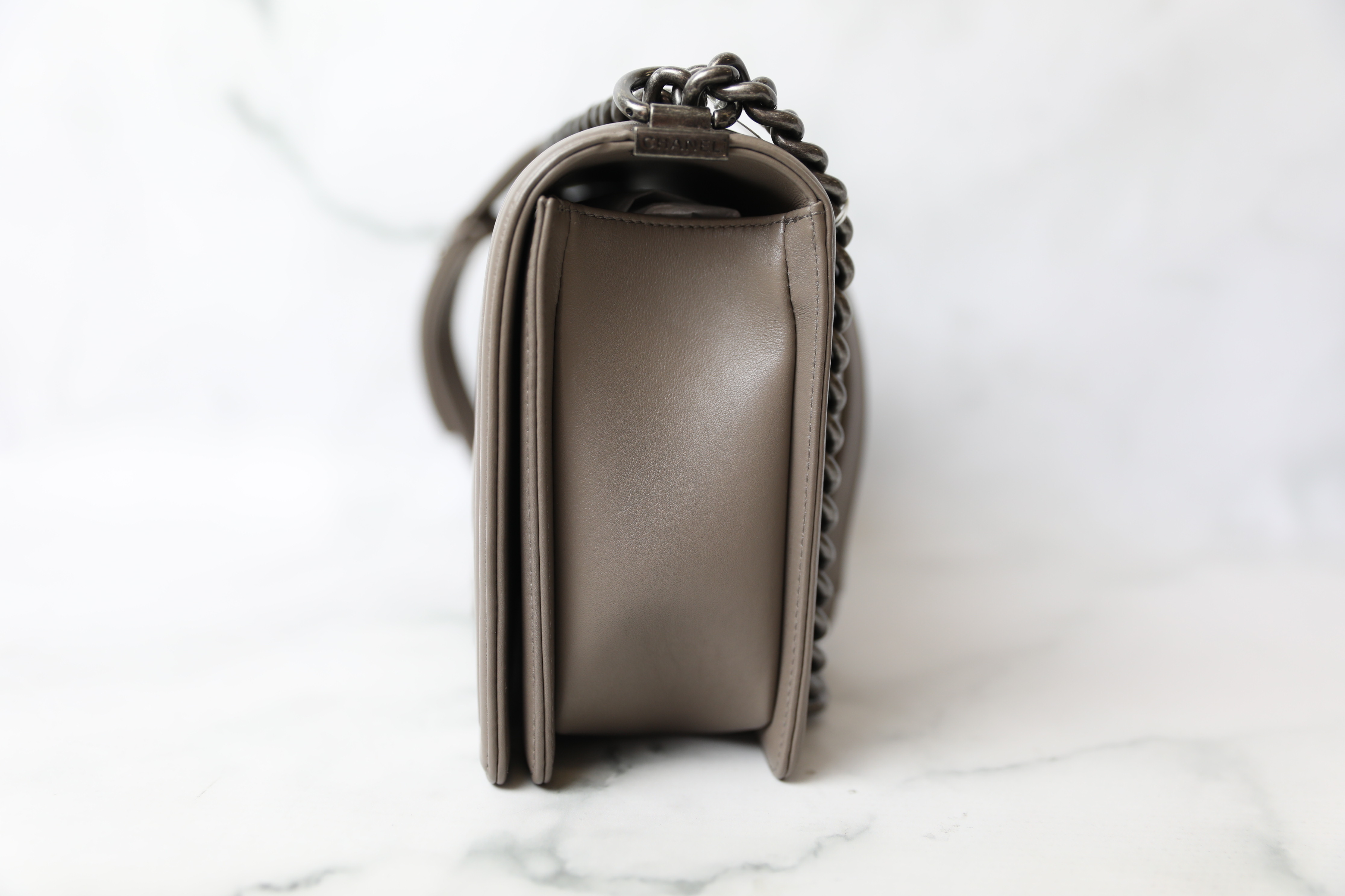 Chanel Small Calfskin Chevron Le Boy Bag Ruthenium Black - NOBLEMARS