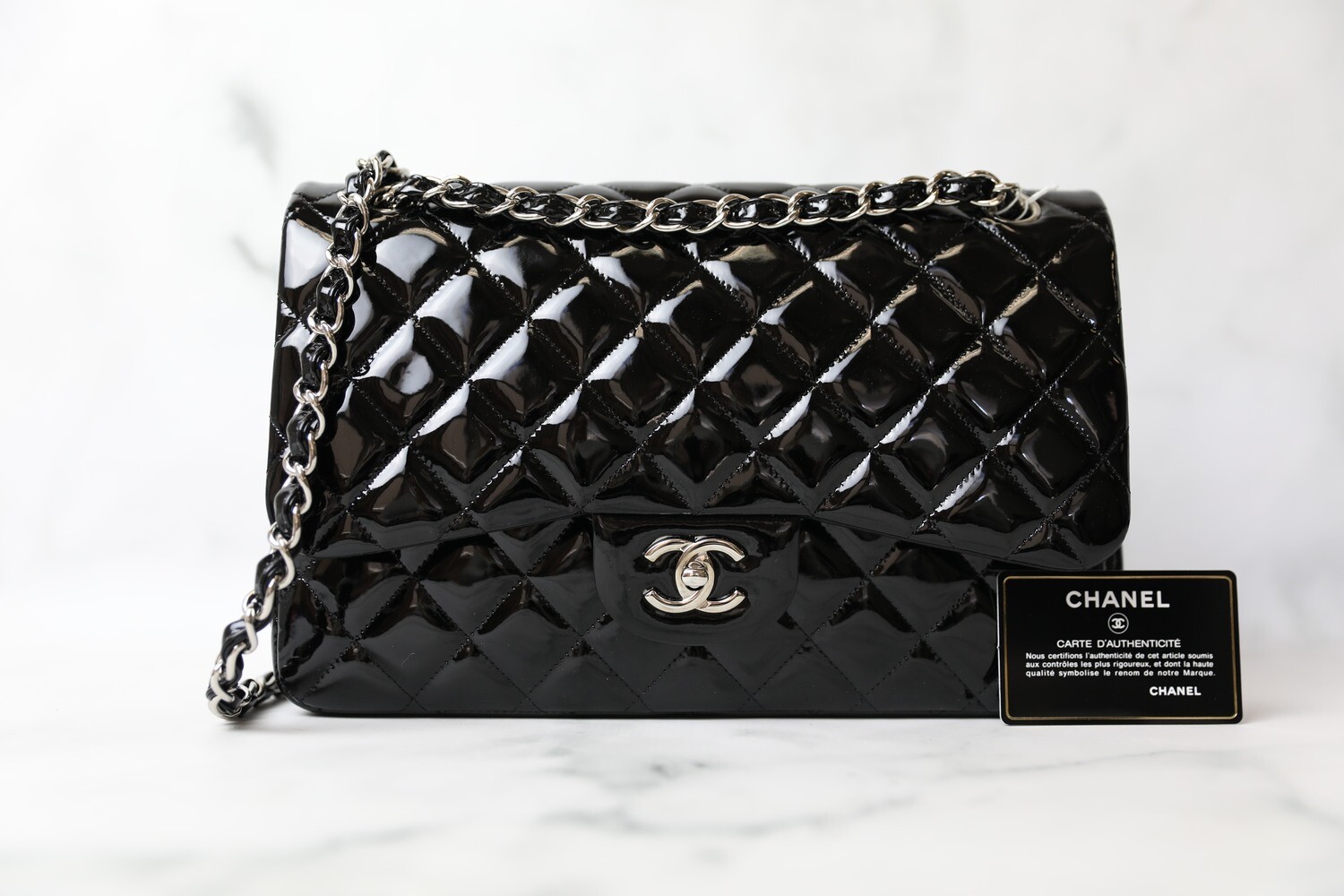 Chanel Classic Jumbo, Black Patent with Silver Hardware