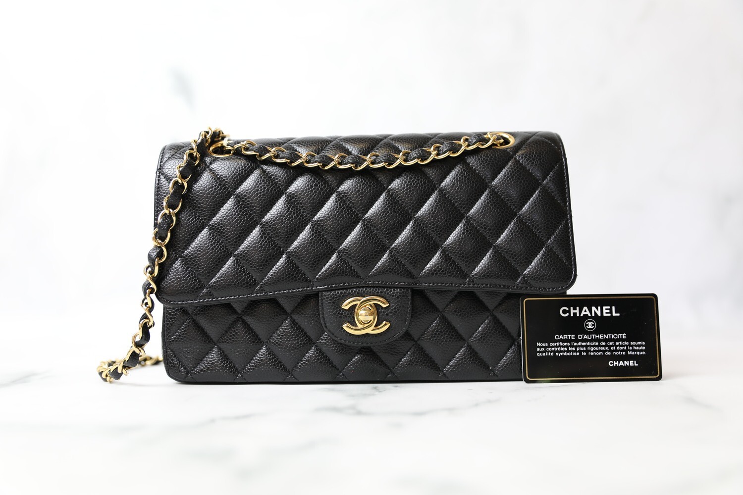 Chanel Classic Medium, Black Caviar with Gold Hardware, Preowned in Dustbag WA001