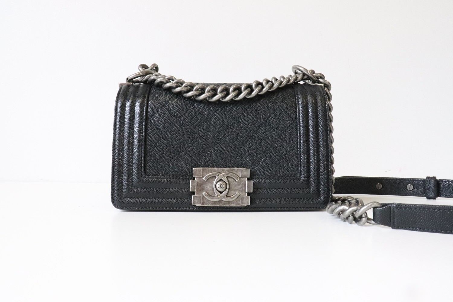 Chanel Boy Small Black Caviar Leather, Ruthenium Hardware, Preowned in Dustbag