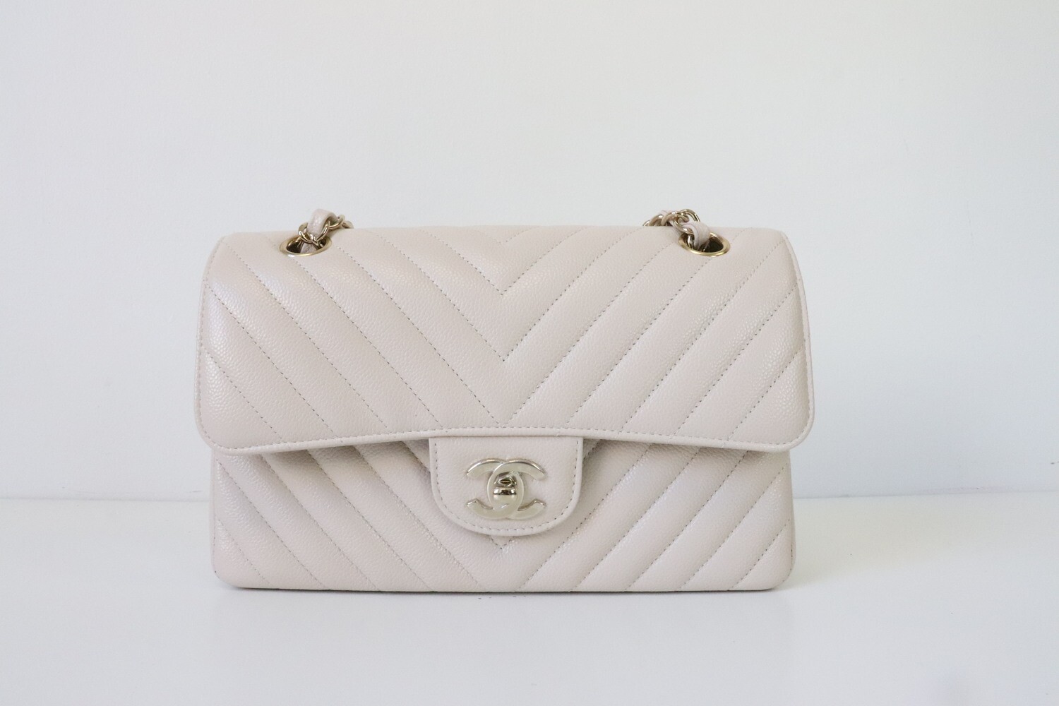 Chanel Classic Small Double Flap, Light Beige Caviar Chevron Leather, Shiny Gold Hardware, New in Box