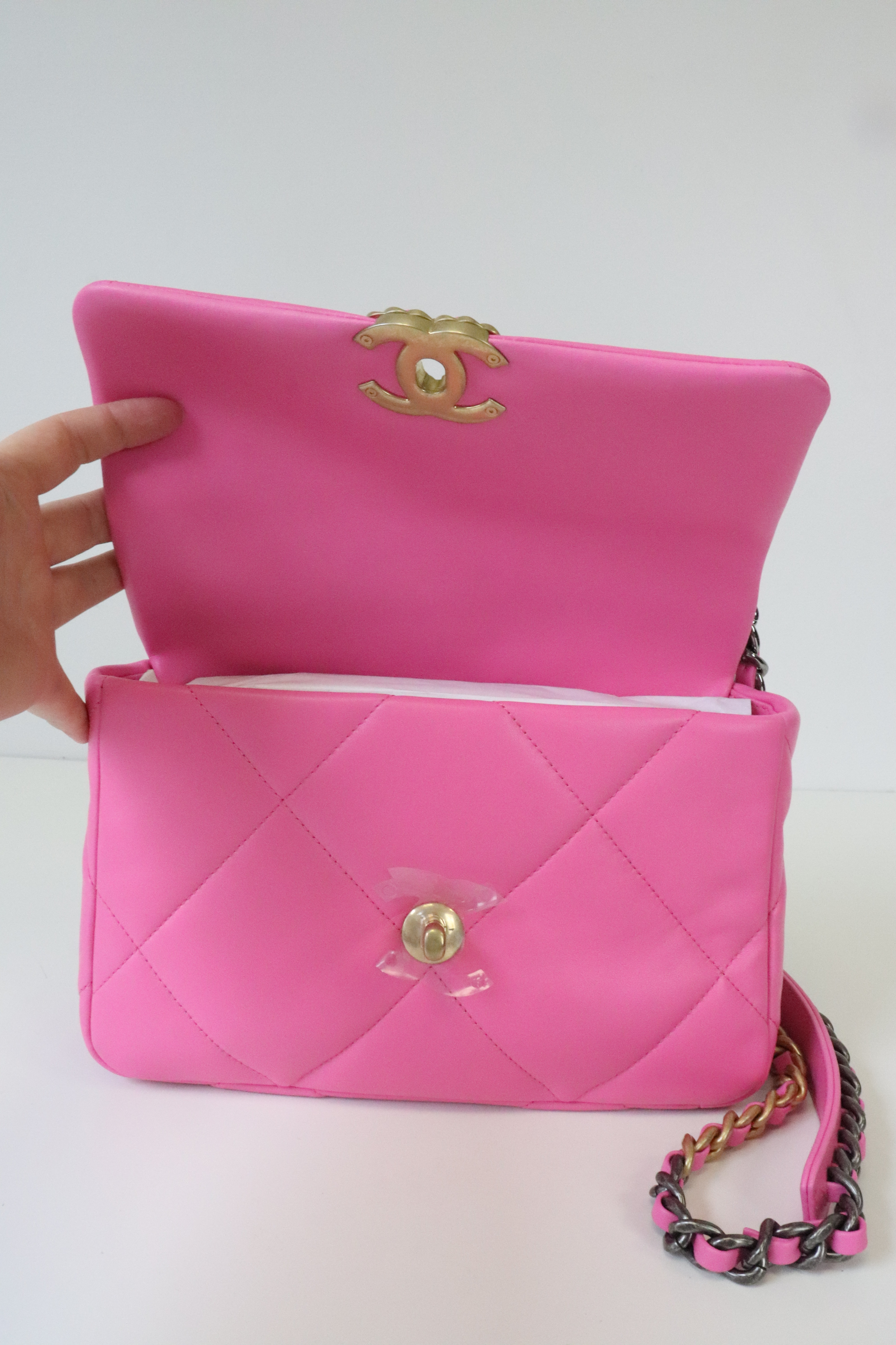 CHANEL Denim Quilted Medium Chanel 19 Flap Neon Pink 1214775