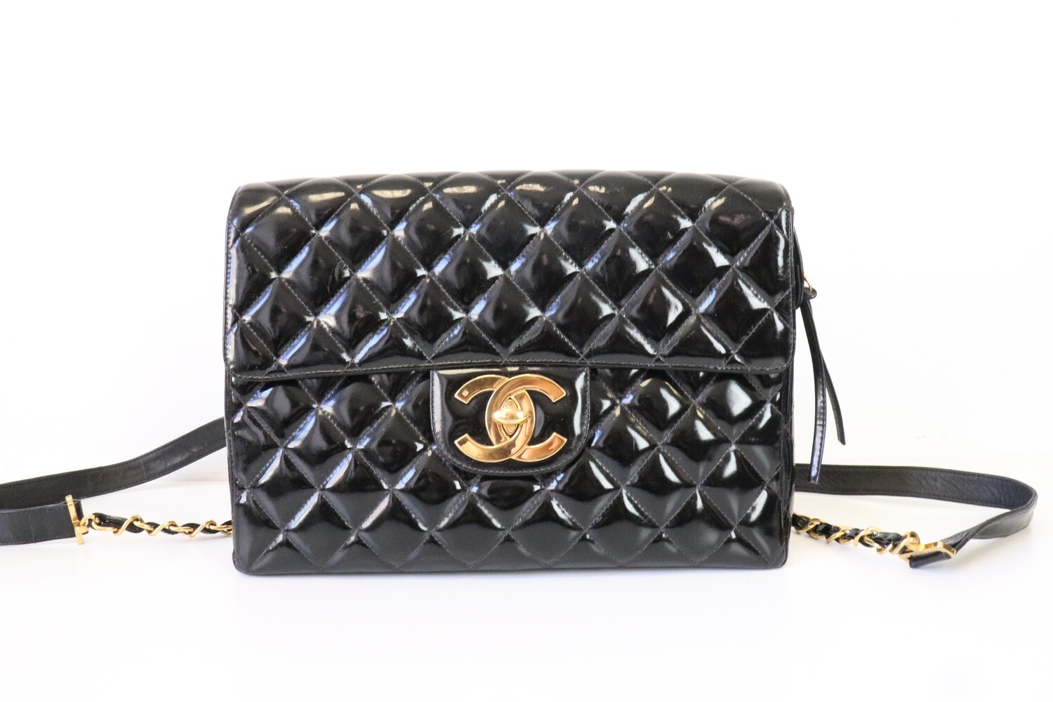 Chanel Vintage XL Jumbo Backpack, Black Patent Leather, Gold Hardware, Preowned in Box, MA001
