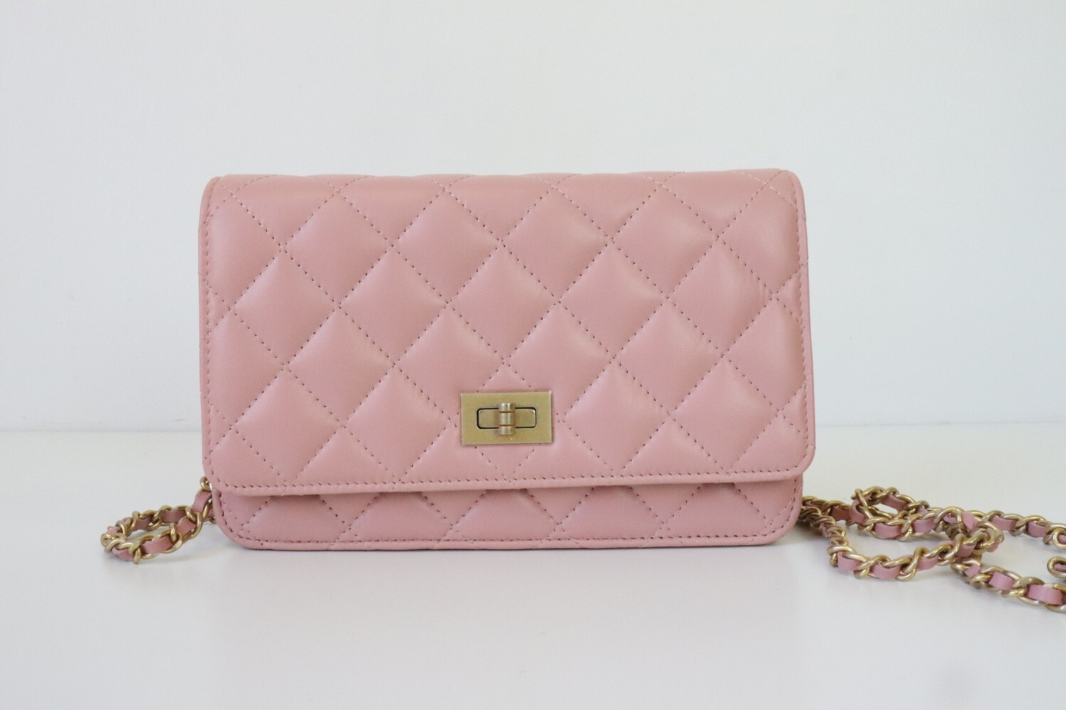 Chanel Wallet on Chain Reissue Light Pink Calfskin Leather, Antique Gold Hardware, New in Box