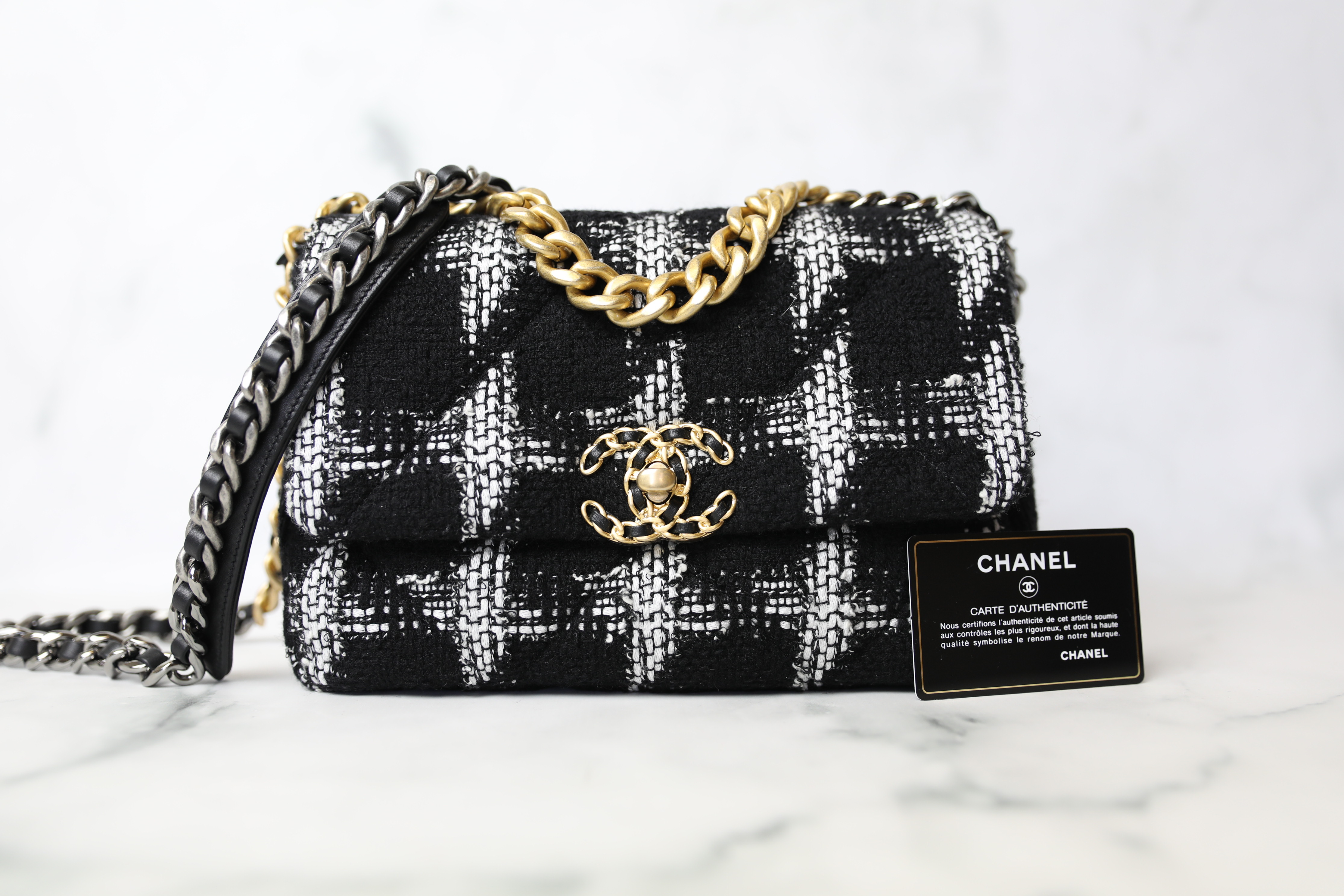 Chanel 19 Small, White Leather with Black/Dark Blue Hardware, New in Box  WA001 - Julia Rose Boston