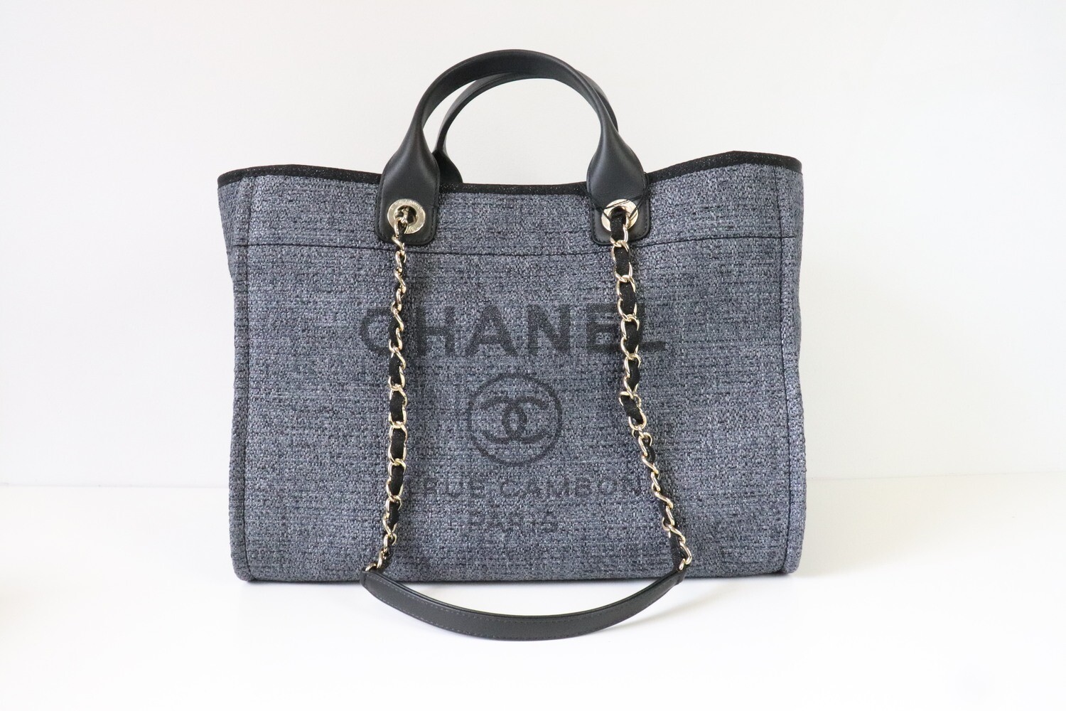 Chanel Deauville Large Navy Tweed, Light Gold Hardware, New in Dustbag