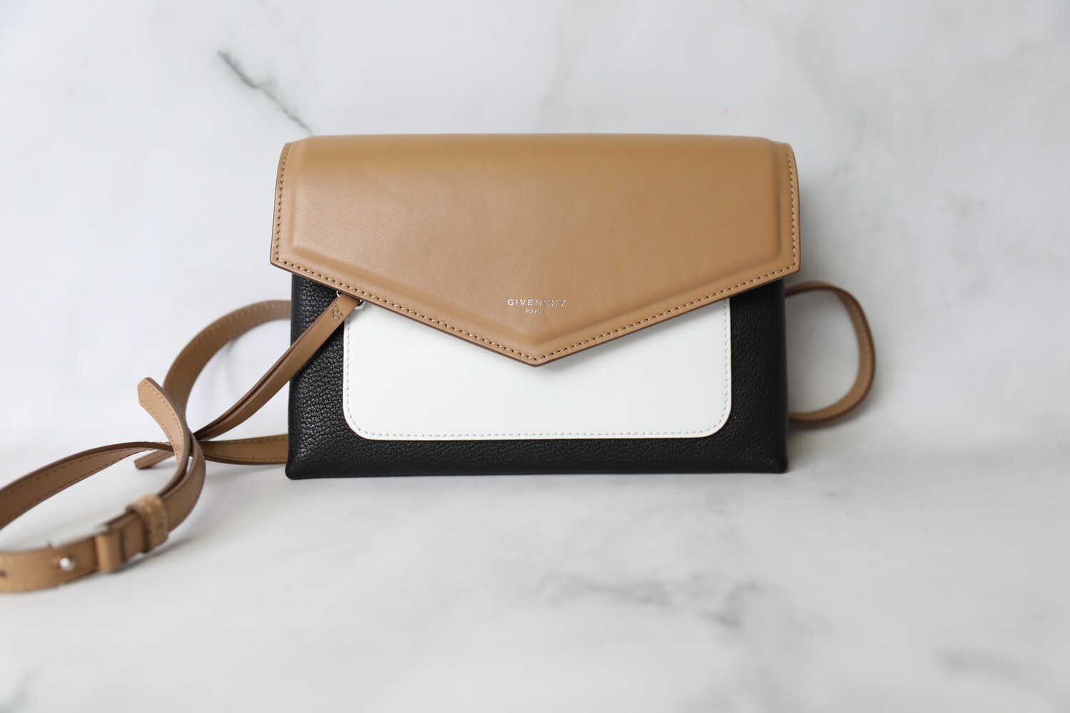 Givenchy Duetto Three Tone Flap Bag, Tan, Black, and White, Preowned no Dustbag WA001