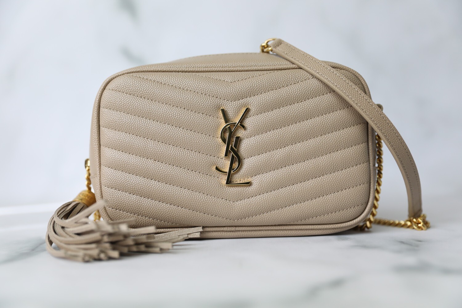 Saint Laurent Lou Camera Bag, Beige Pebbled Leather, New in Dustbag WA001