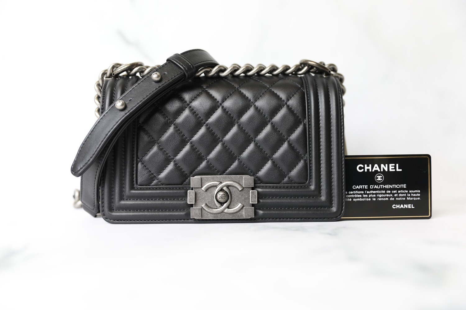 Chanel Boy Small, Black Lambskin with Ruthenium Hardware, Preowned in Box WA001