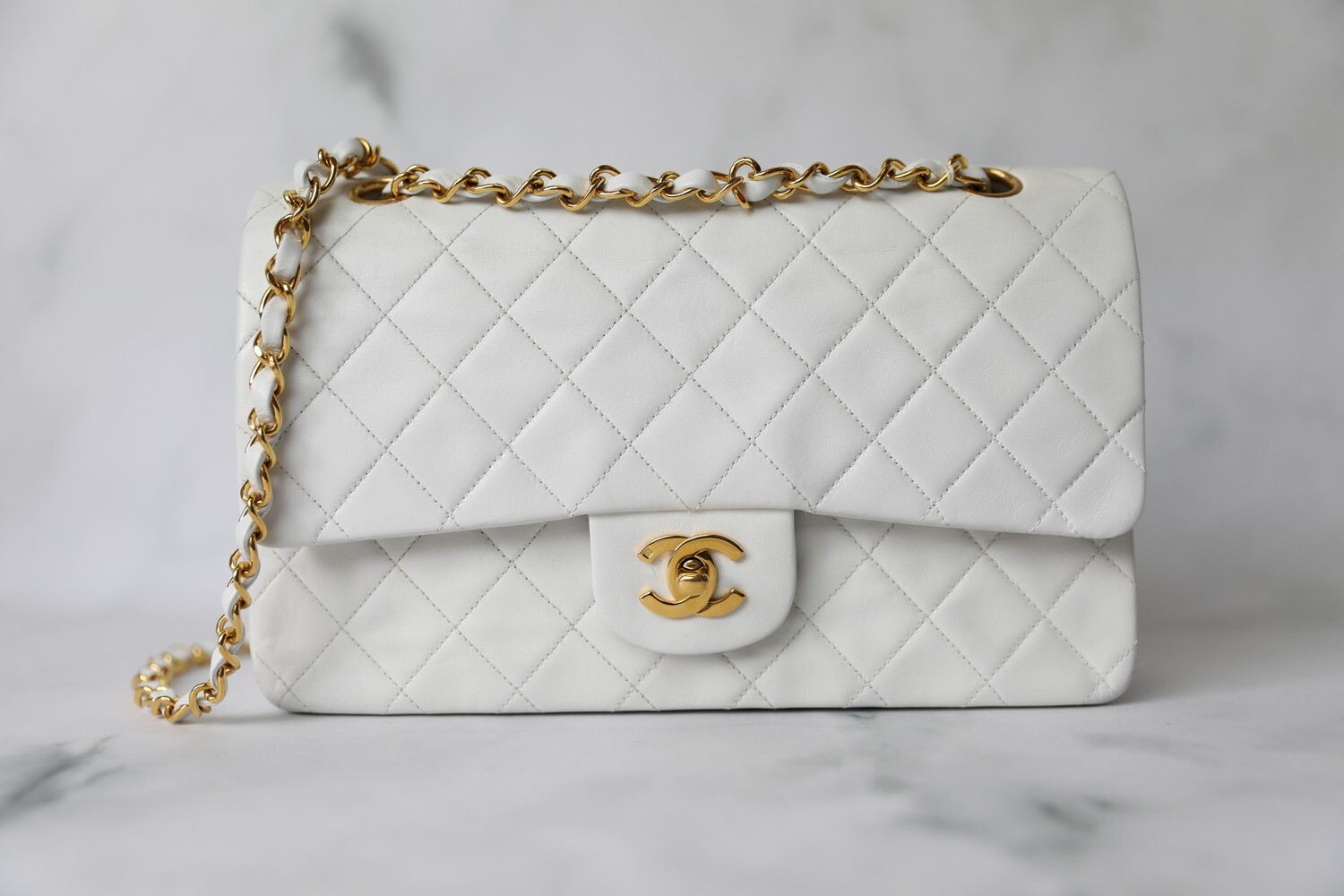 Chanel Vintage Medium, White Lambskin with Gold Hardware, Preowned