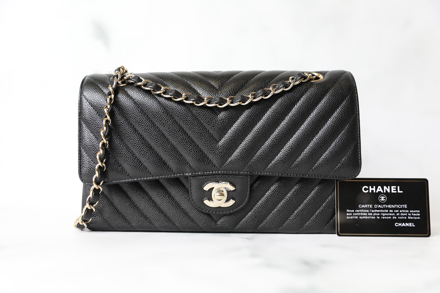Chanel Classic Medium, Black Chevron Caviar with Light Gold Hardware, New in Box WA001