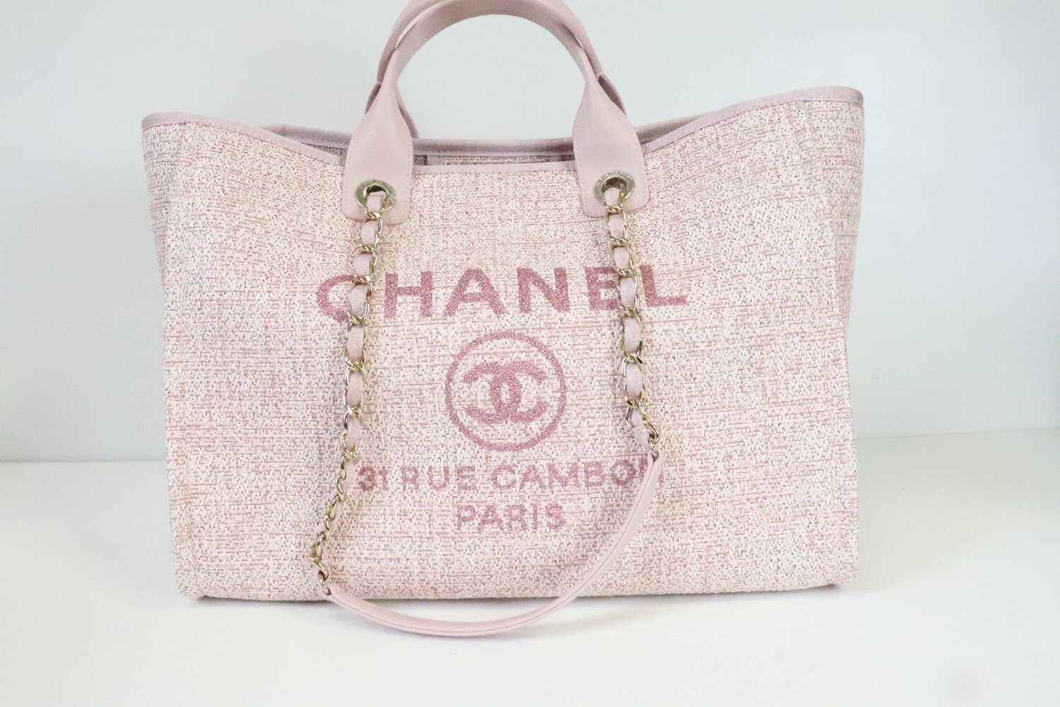 Chanel Deauville, Large, Pink Tweed with Light Gold Hardware, New in Dustbag