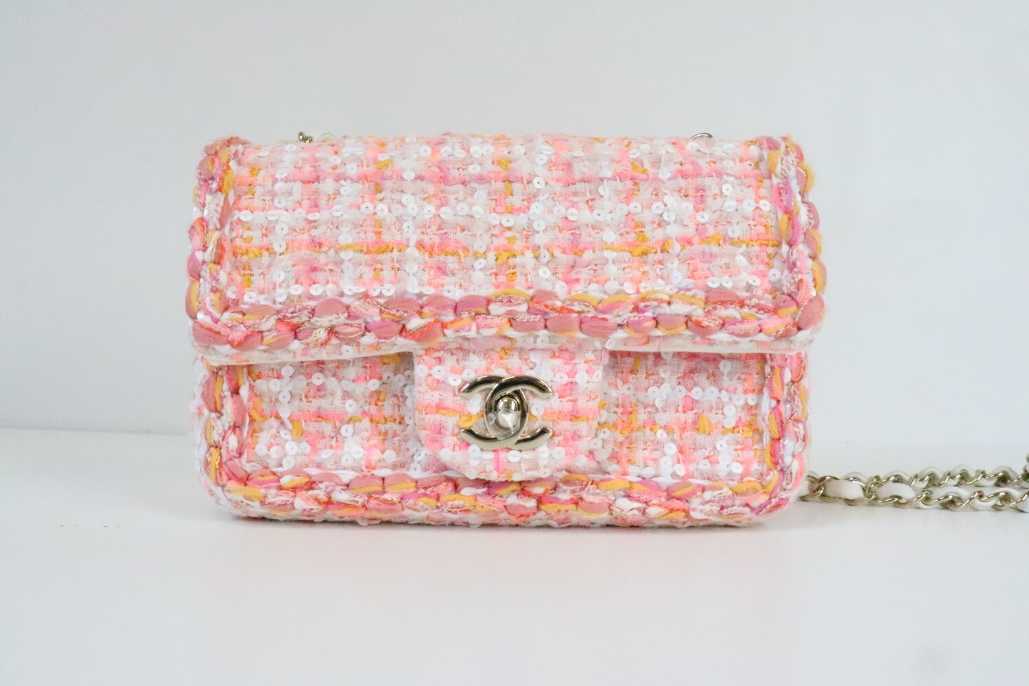 Chanel Mini 19C Braided Sequin Orange, Ivory, Pink Mini, Preowned in Dustbag