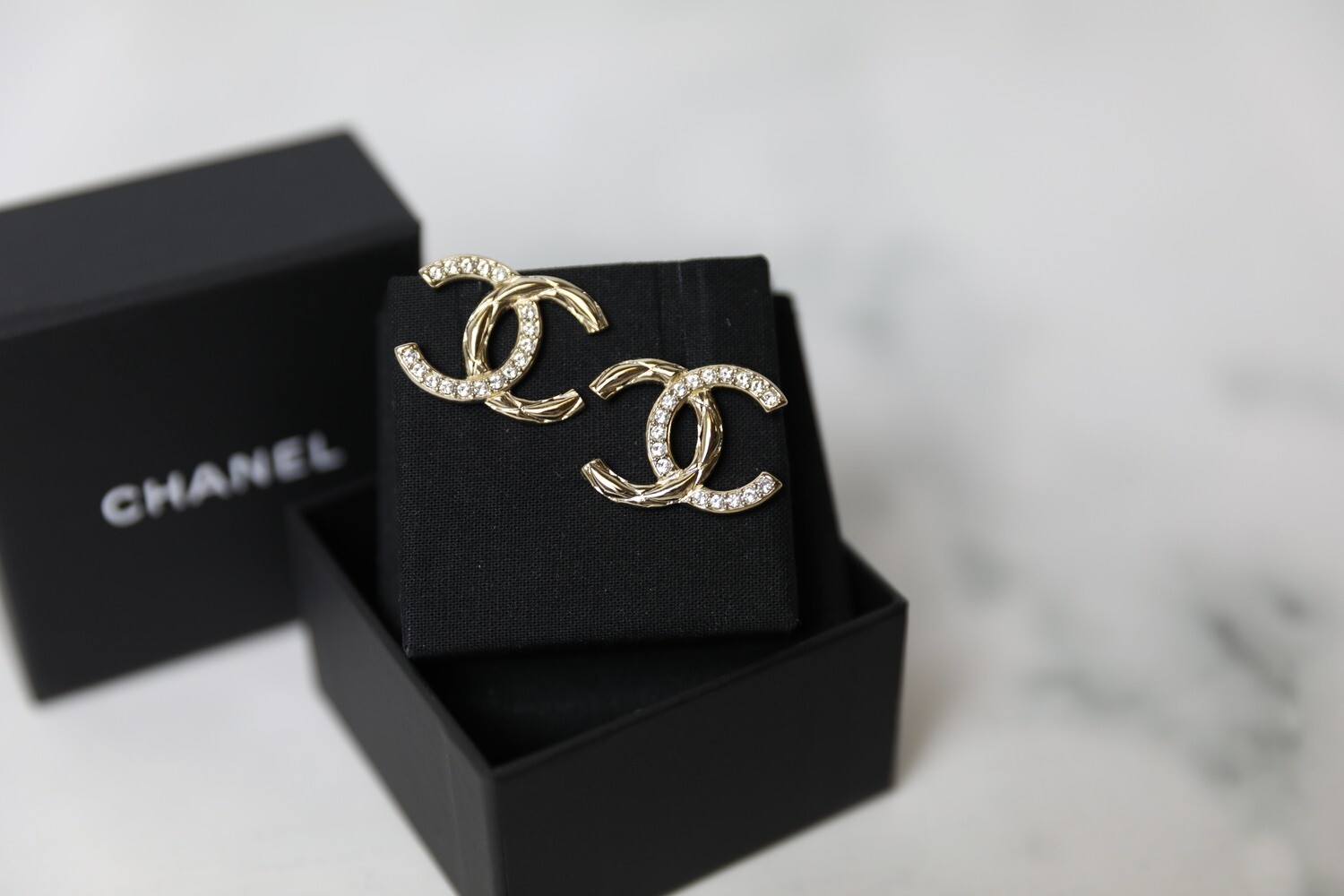 Chanel Earrings Half Crystal Half Golden Quilted, New in Box