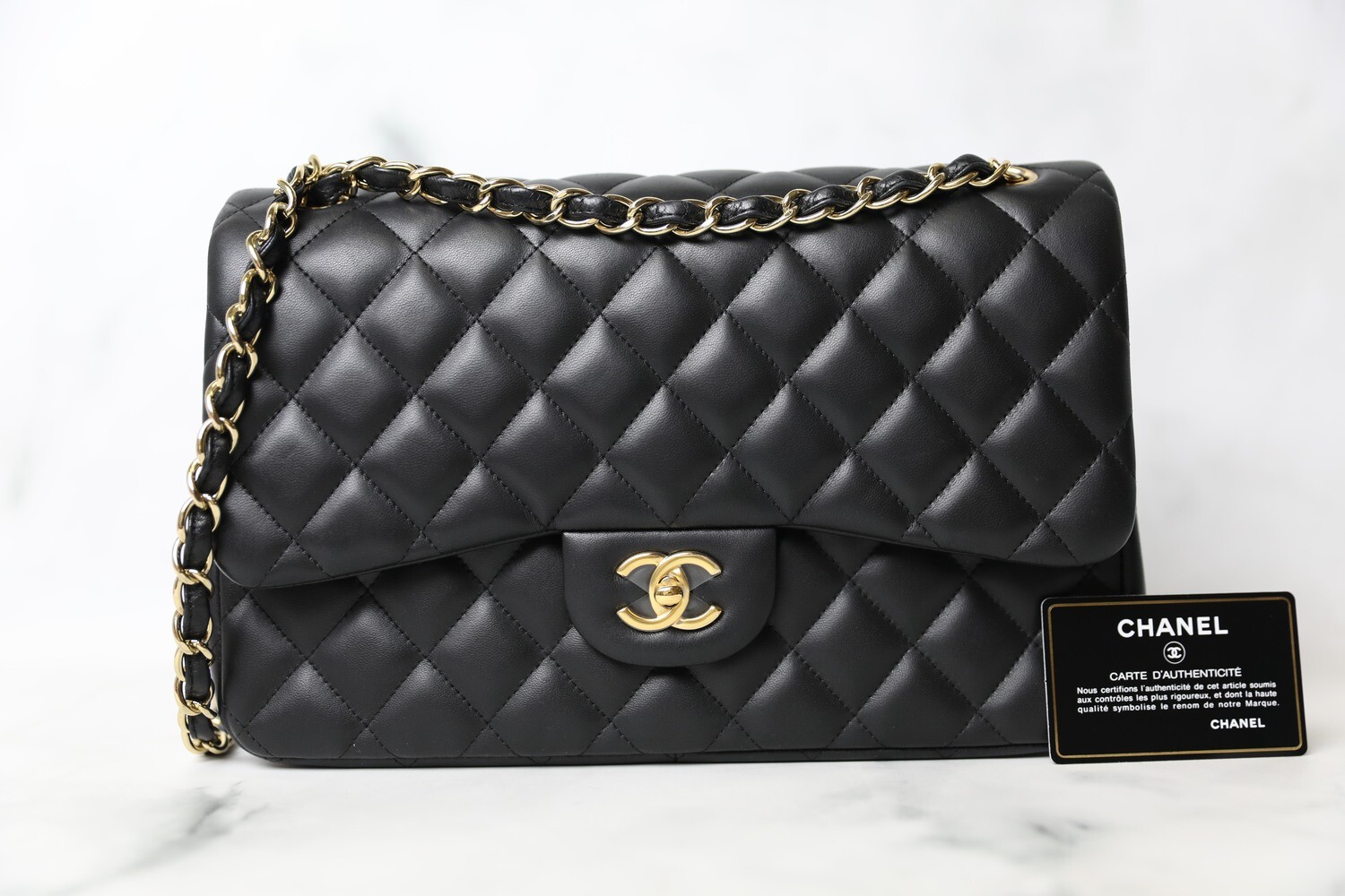 Chanel Classic Jumbo, Black Lambskin with Gold Hardware, Preowned in Dustbag WA001