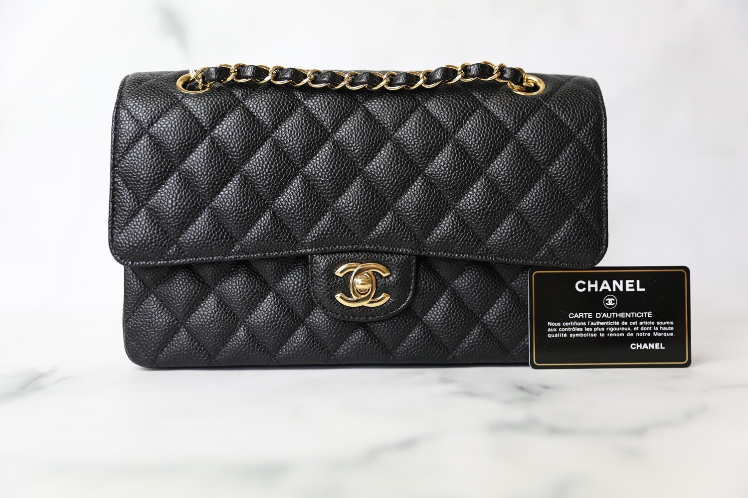 Chanel Classic Medium, Black Caviar with Gold Hardware, Preowned in Dustbag WA001