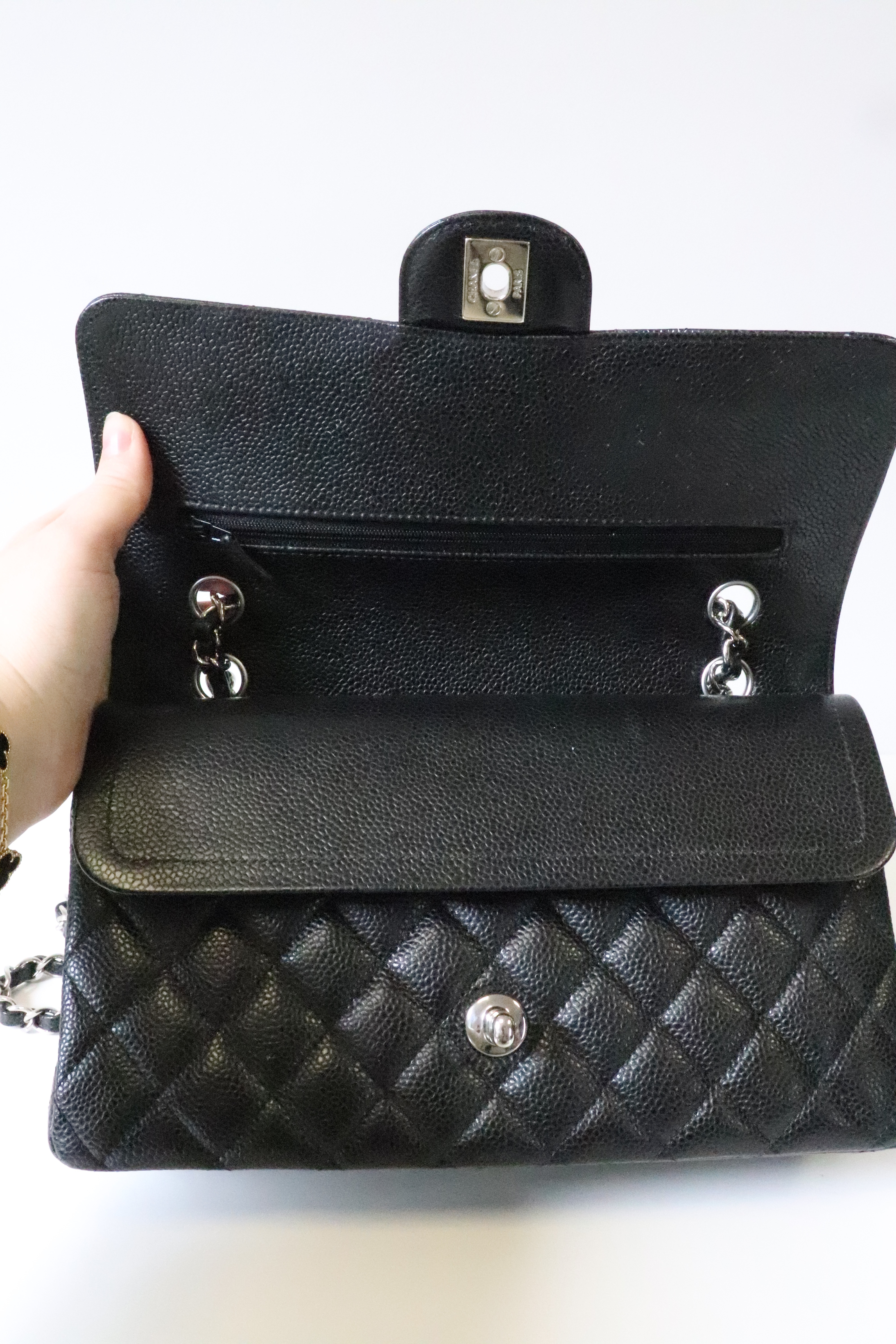 Chanel Black Caviar Medium Classic Double Flap Bag Silver Hardware –  Madison Avenue Couture