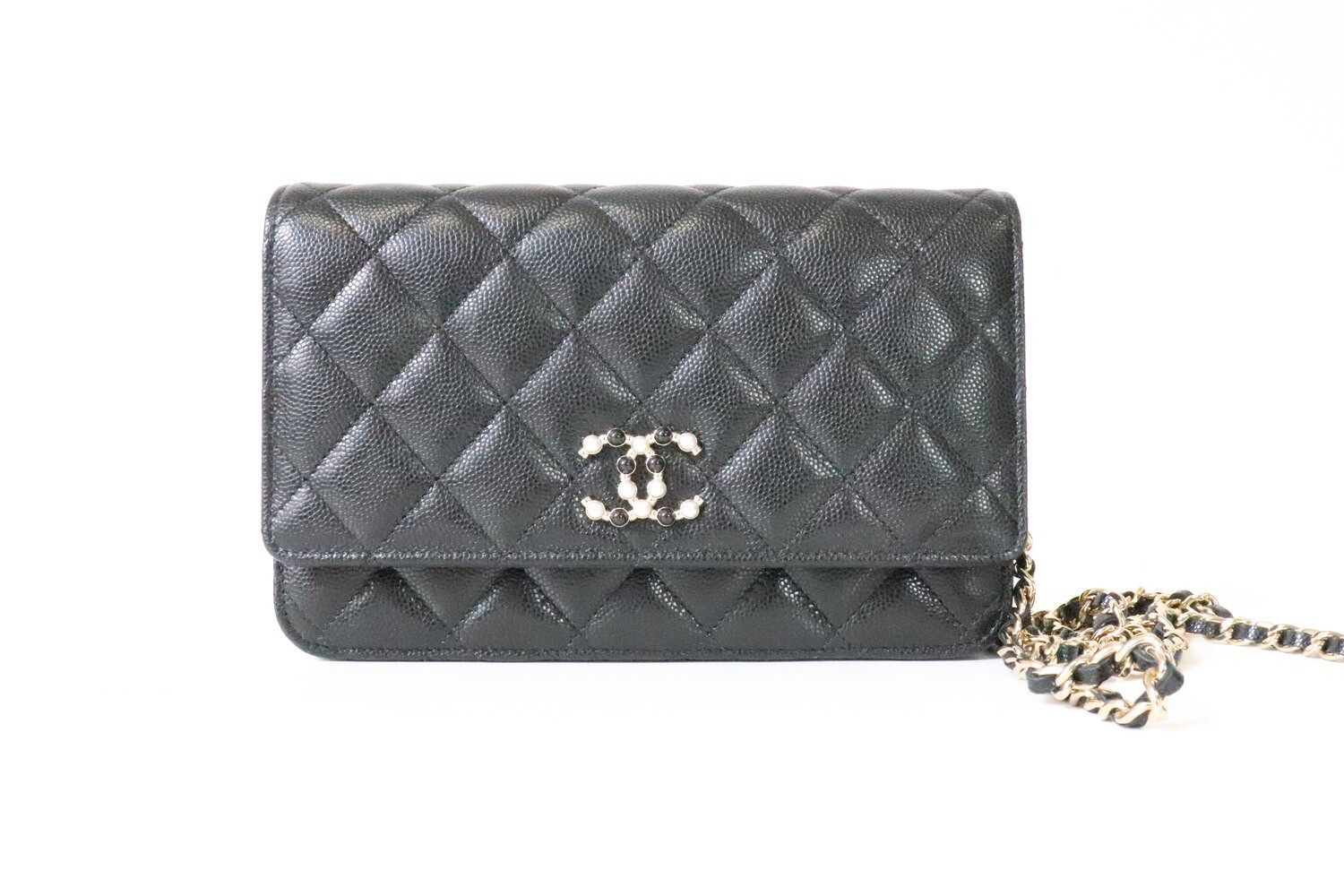 Chanel Wallet on Chain 21S Black Caviar Leather, Light Gold Hardware, Pearl  Details, New in Box WA001